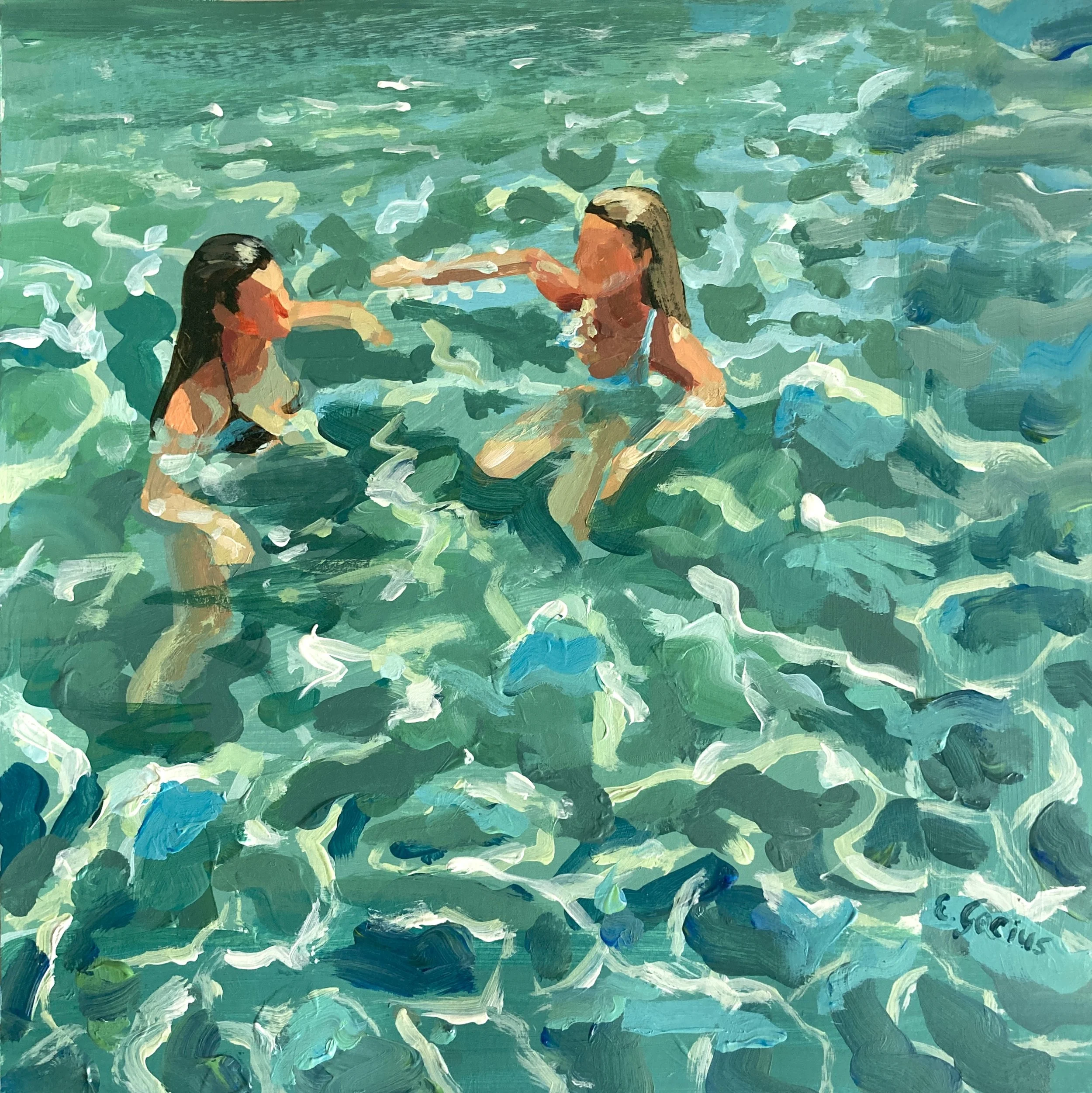 Zwei junge Frauen schwimmen im Wasser, das schildert ein Gemälde.