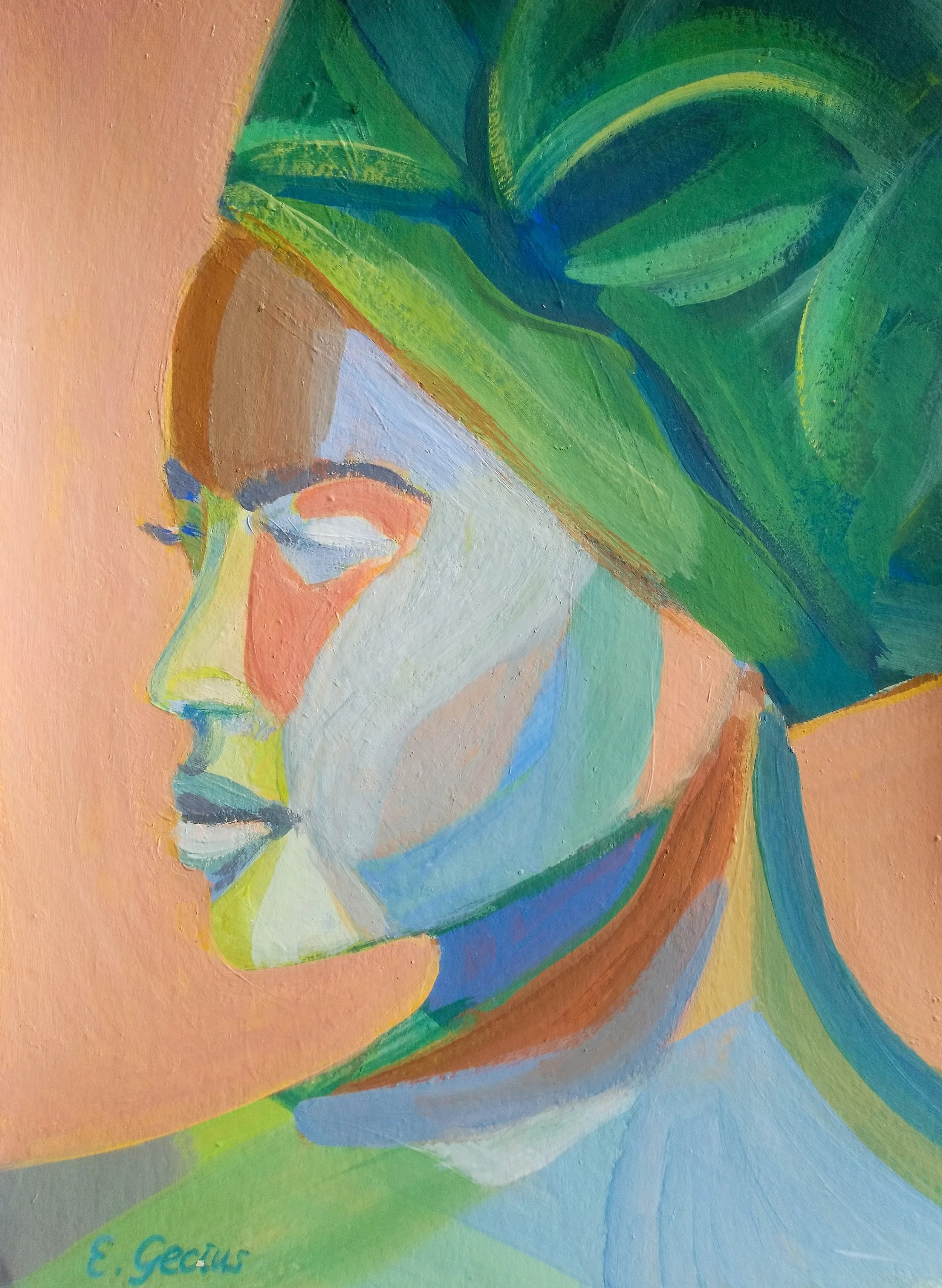Abstraktes Gemälde eines Gesichts in Pastellfarben mit grünen Haaren, einer blauen Bluse und einem peachfarbenen Hintergrund.