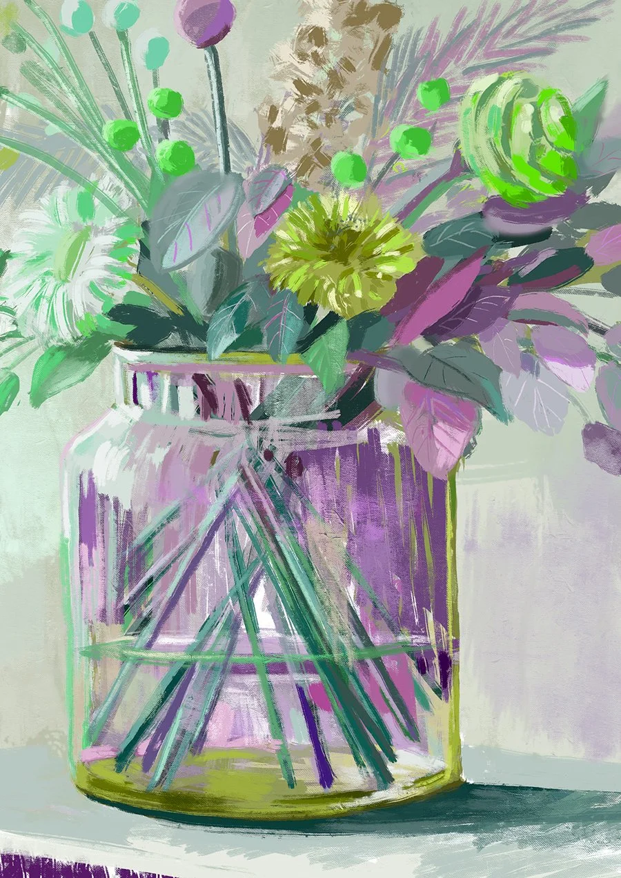 A colorful, abstract painting of a bouquet of flowers in a glass jar.
