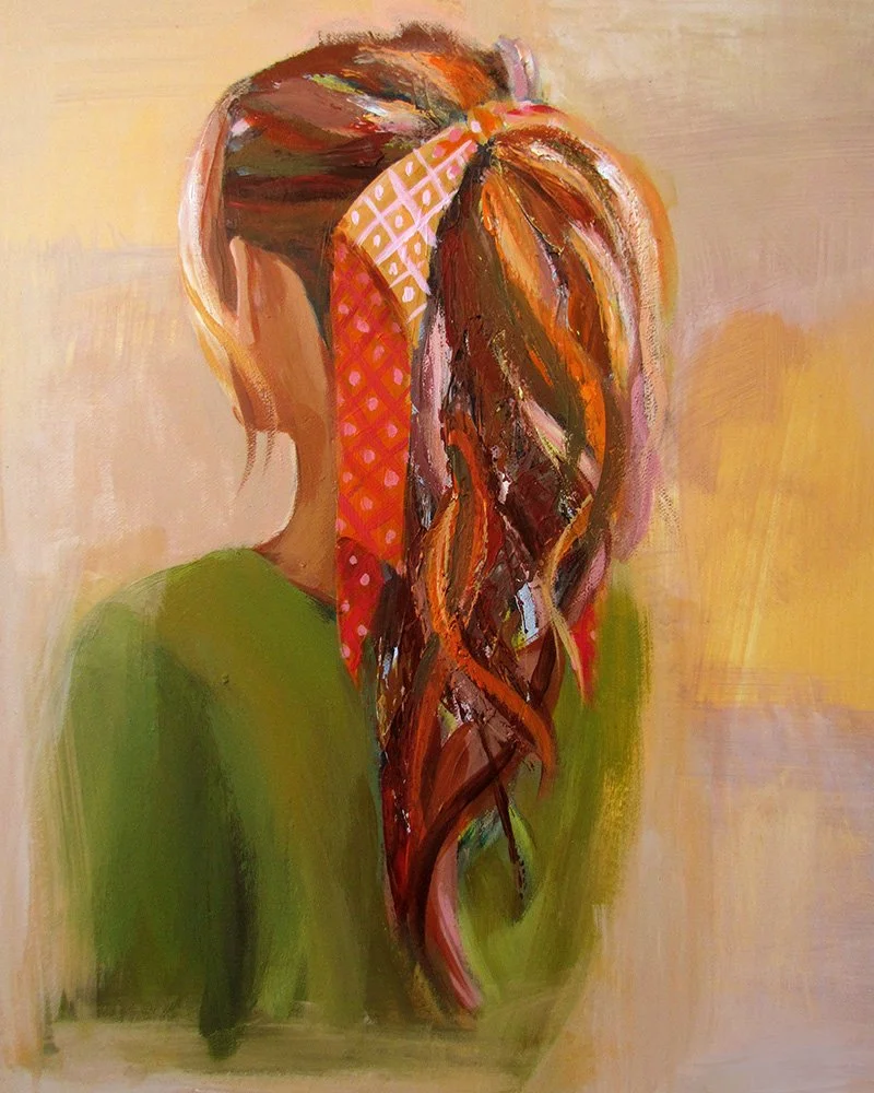 A painted portrait of a girl viewed from behind with long, wavy, reddish-brown hair tied with a patterned pink and orange scarf, wearing a green top.