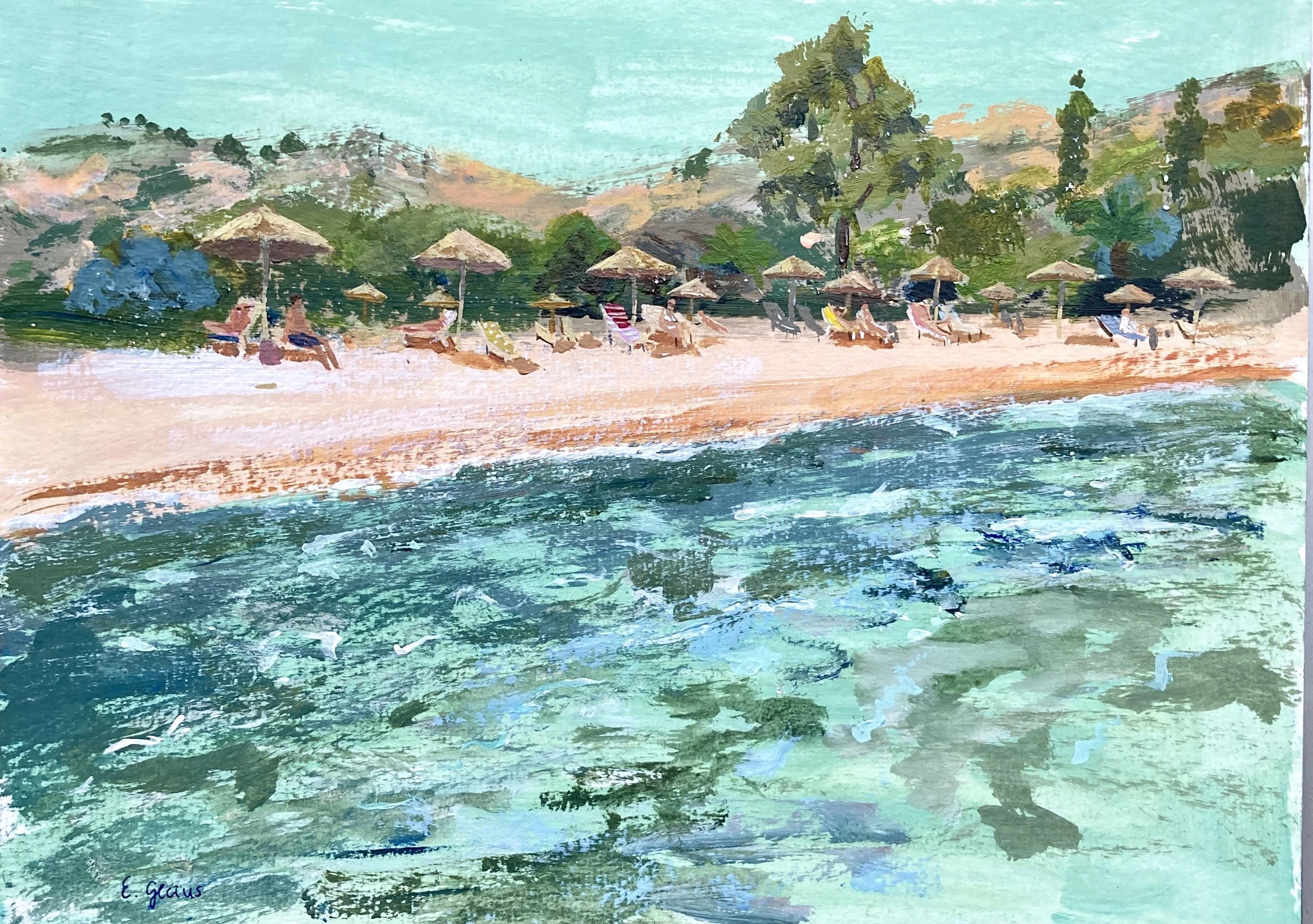A watercolor painting of a beach with turquoise water, sandy shore, beach umbrellas, sunbathers, and trees in the background.