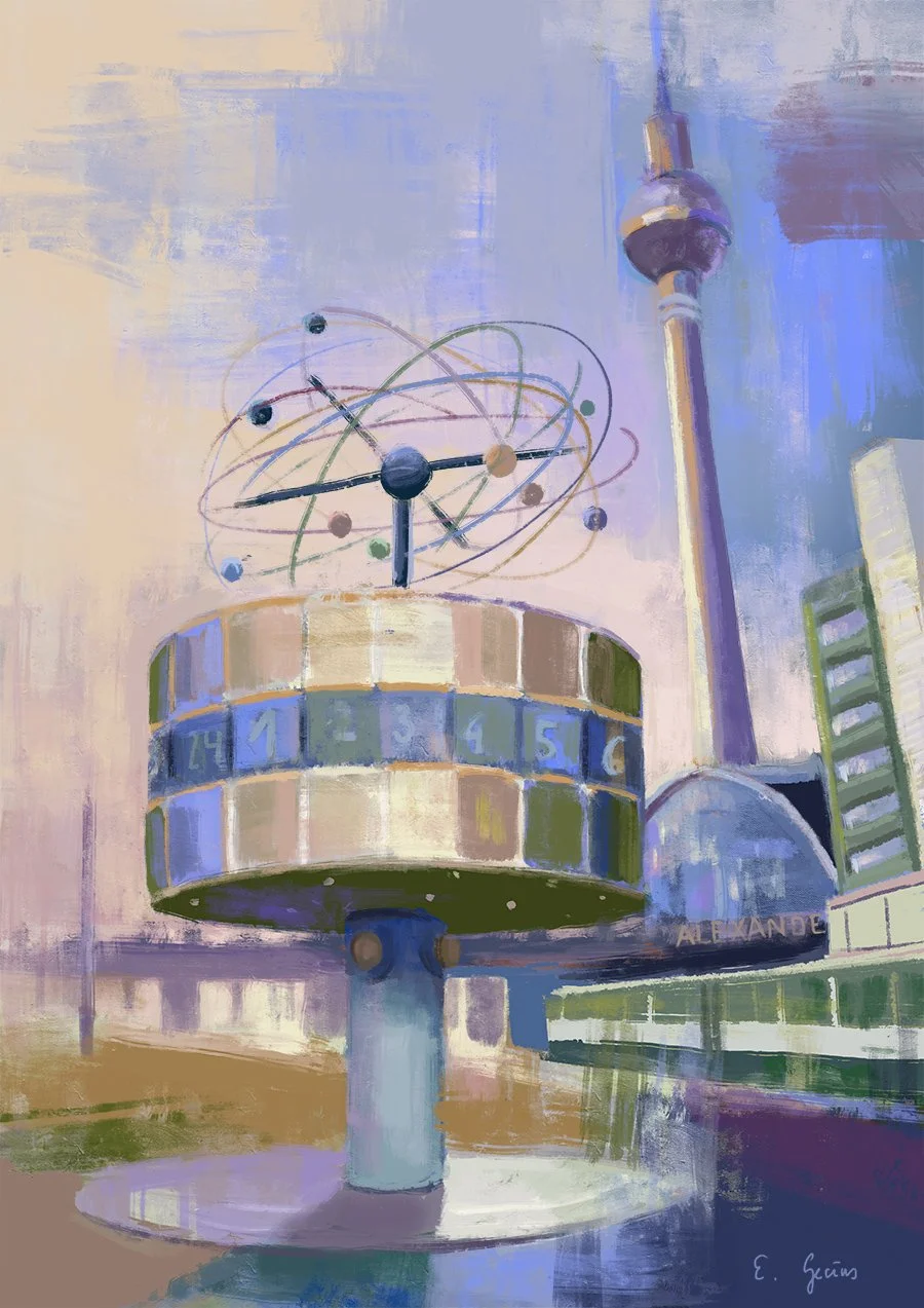 Ein futuristisches Gemälde der Berliner Weltzeituhr am Alexanderplatz, mit Bauwerken und dem Fernsehturm im Hintergrund im impressionistischen Stil, mit weichen Farben und lockeren Pinselstrichen.