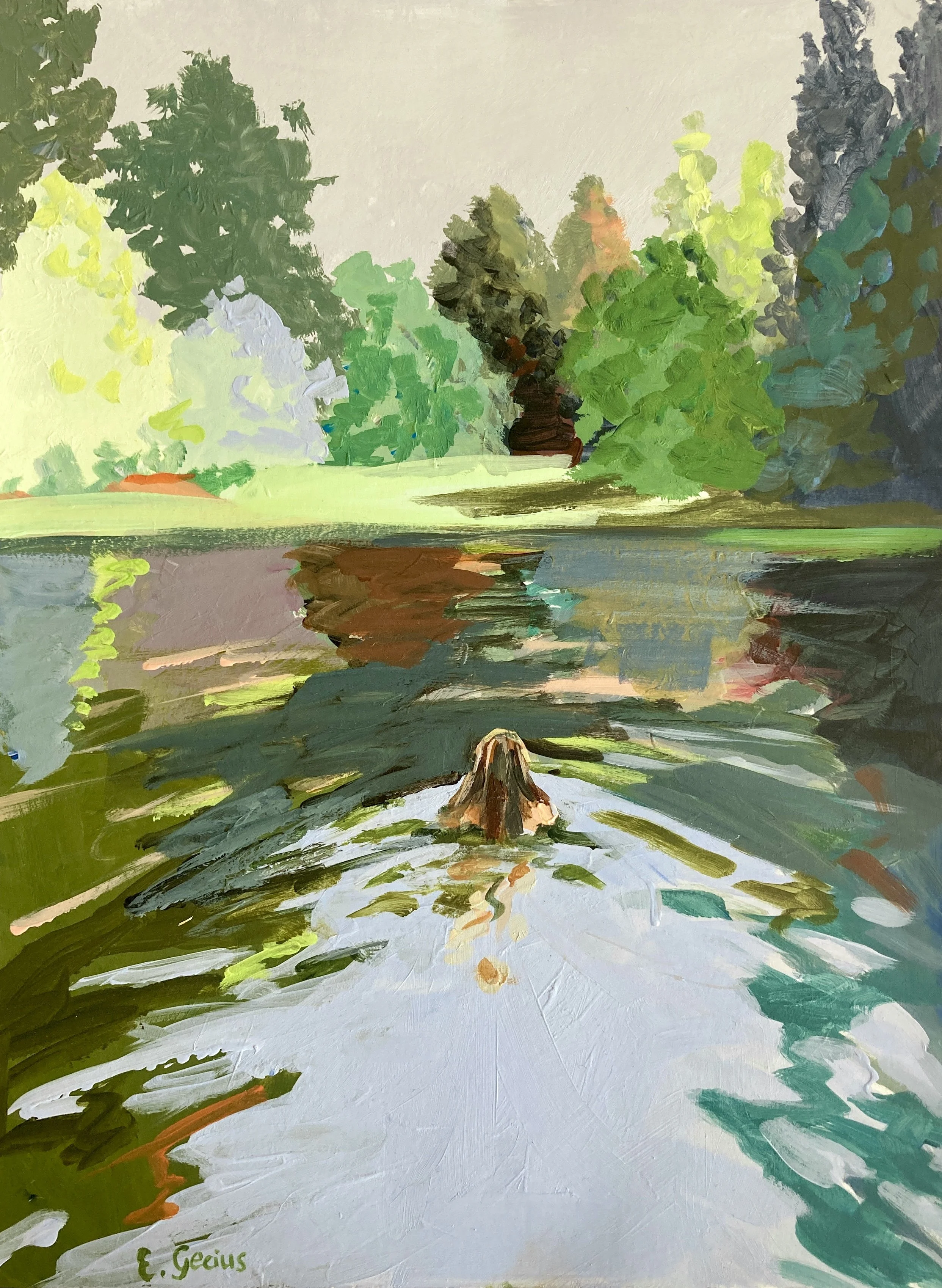 A impressionist style painting of a woman swimming in a lake surrounded by trees and green foliage.