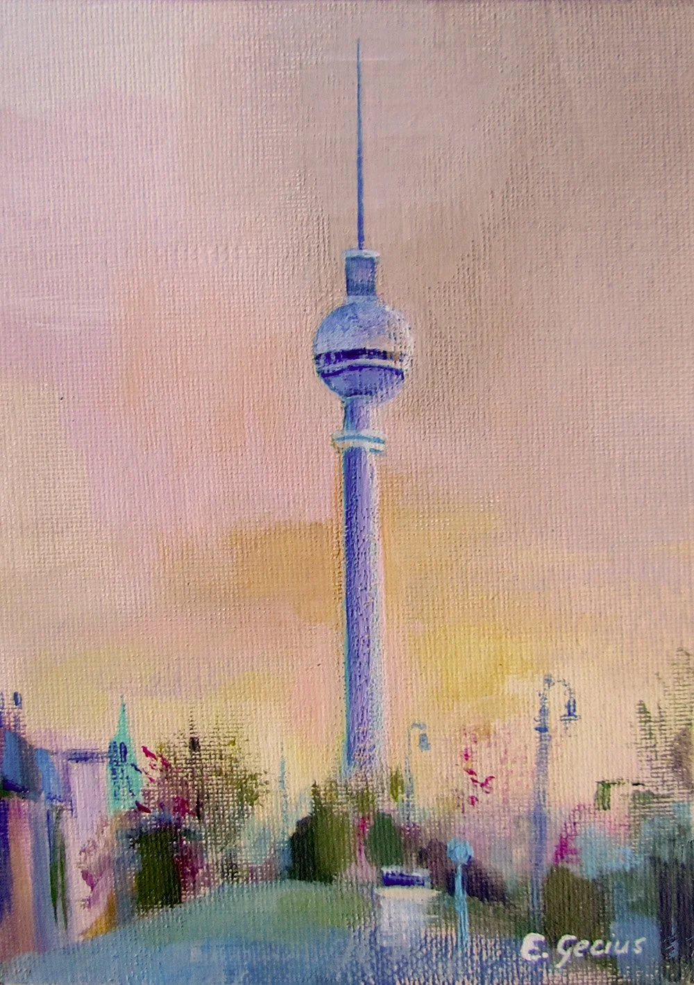 A cityscape painting of the Berlin TV Tower with a spherical observation deck, against a pastel sky, with some trees and buildings in the foreground.