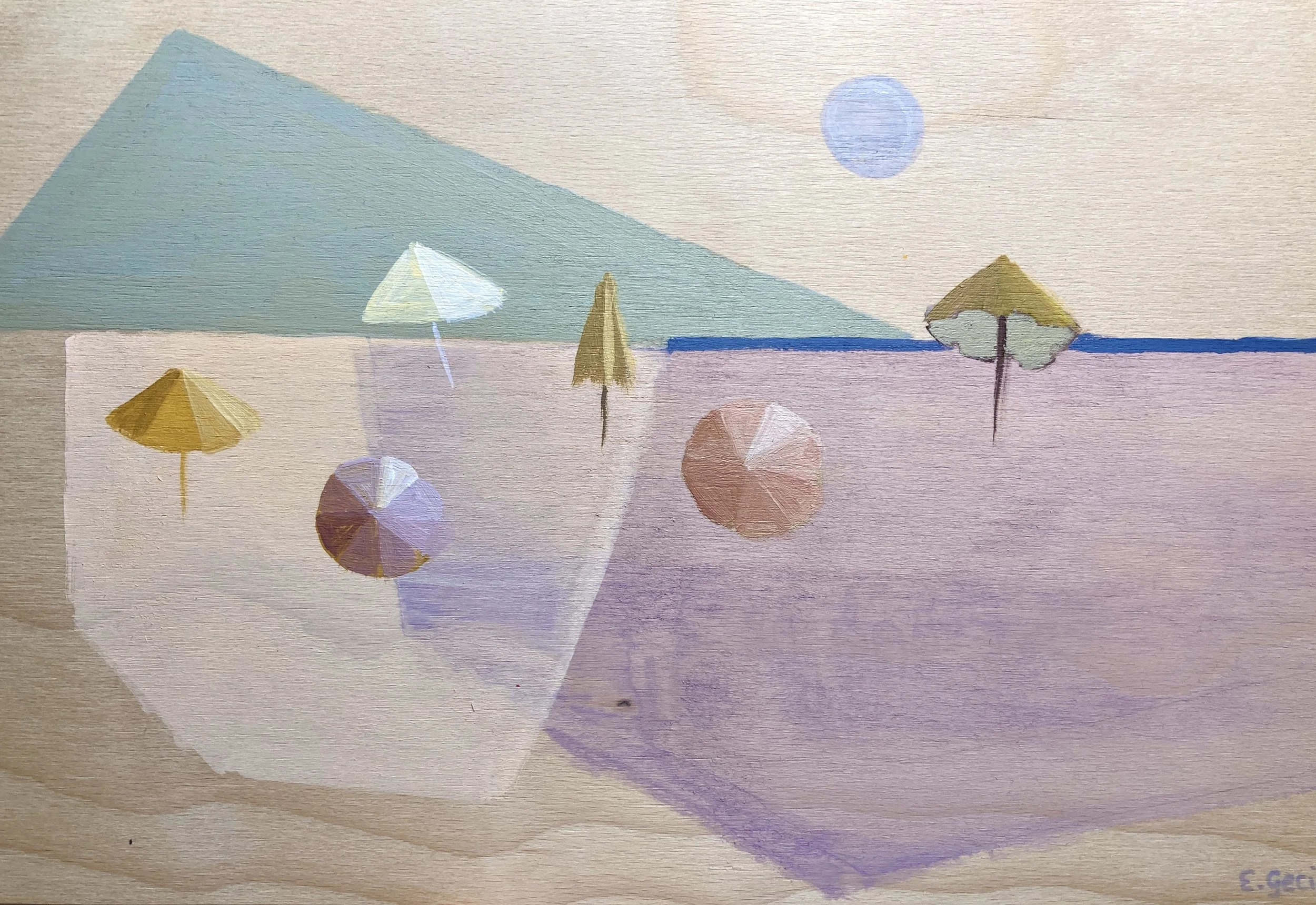 A painting of a beach scene with umbrellas, a blue horizon, a sun, and a large green mountain in the background.