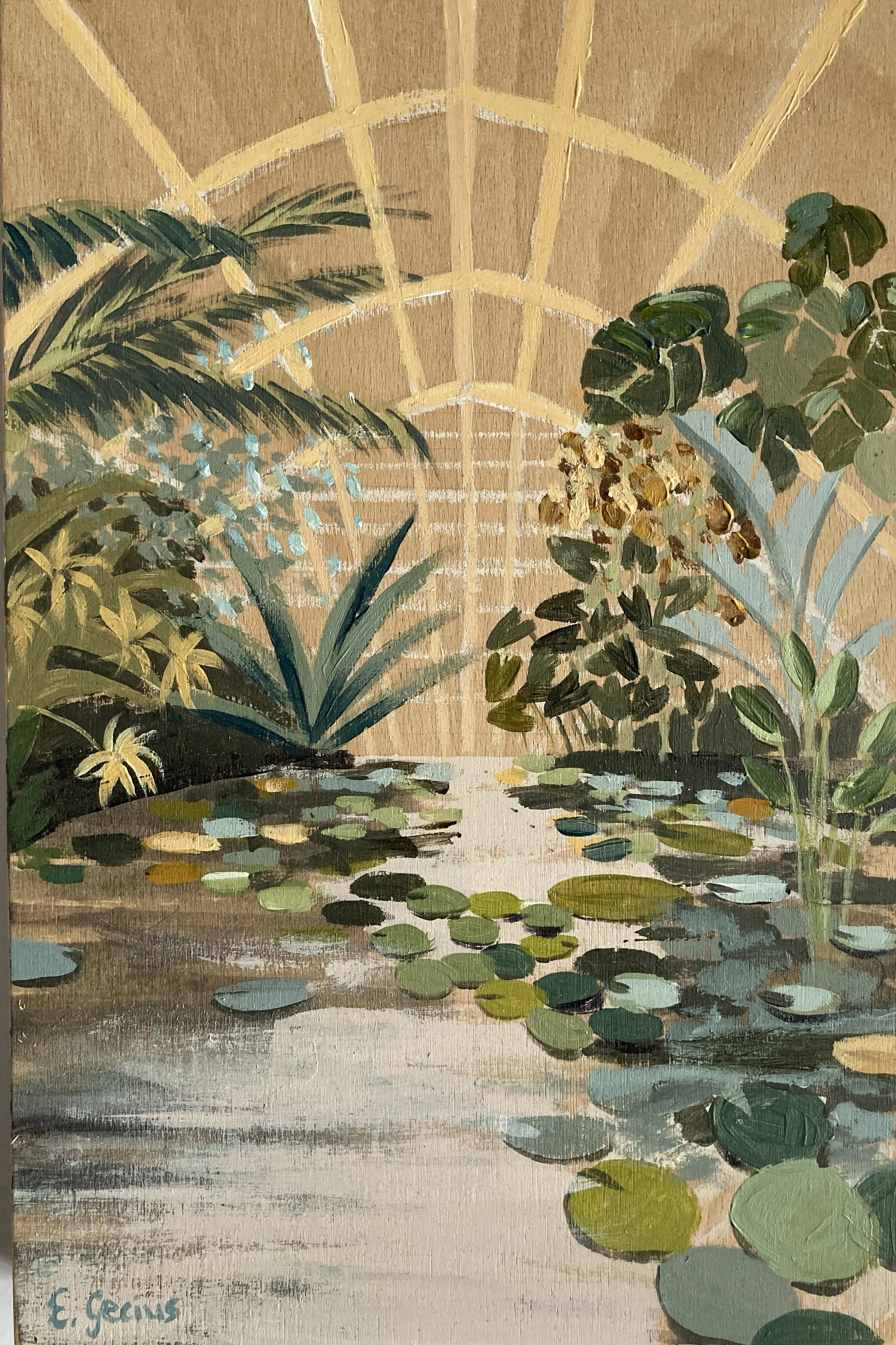 Ein Gemälde einer Wasserlandschaft mit Seerosen, Wasserpflanzen und einer Brücke im Hintergrund, im impressionistischen Stil.
