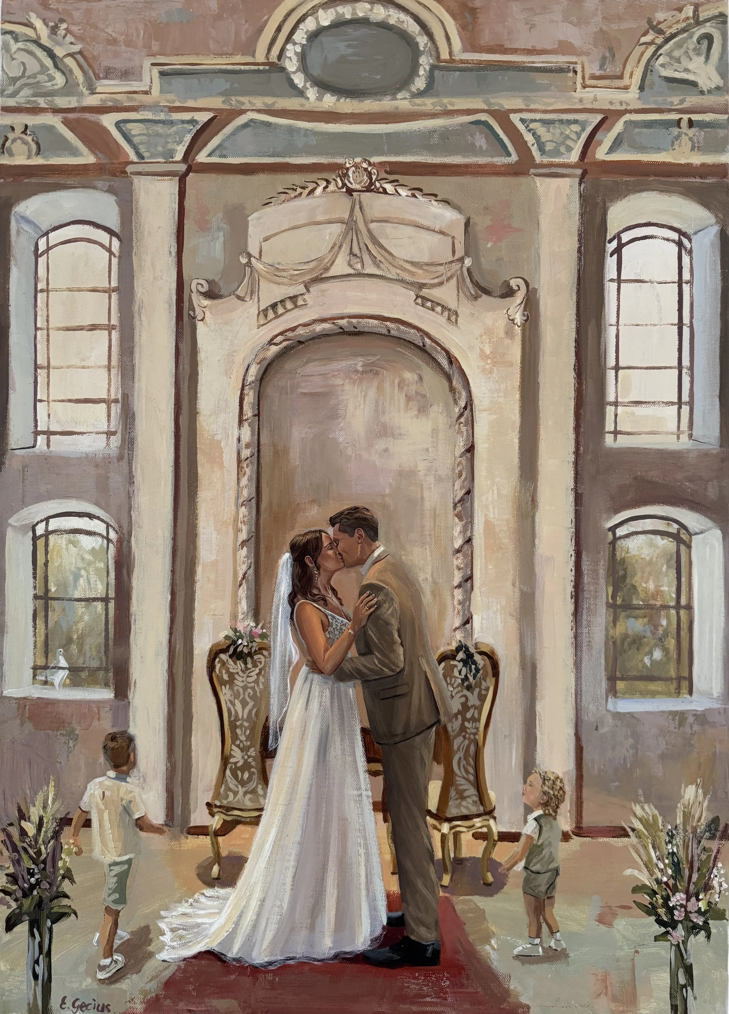 Ein Gemälde einer Hochzeitszeremonie in einem eleganten Raum mit hohen Fenstern und antiken Möbeln, in der sich ein Brautpaar küsst, während zwei Kinder im Vordergrund spielen.