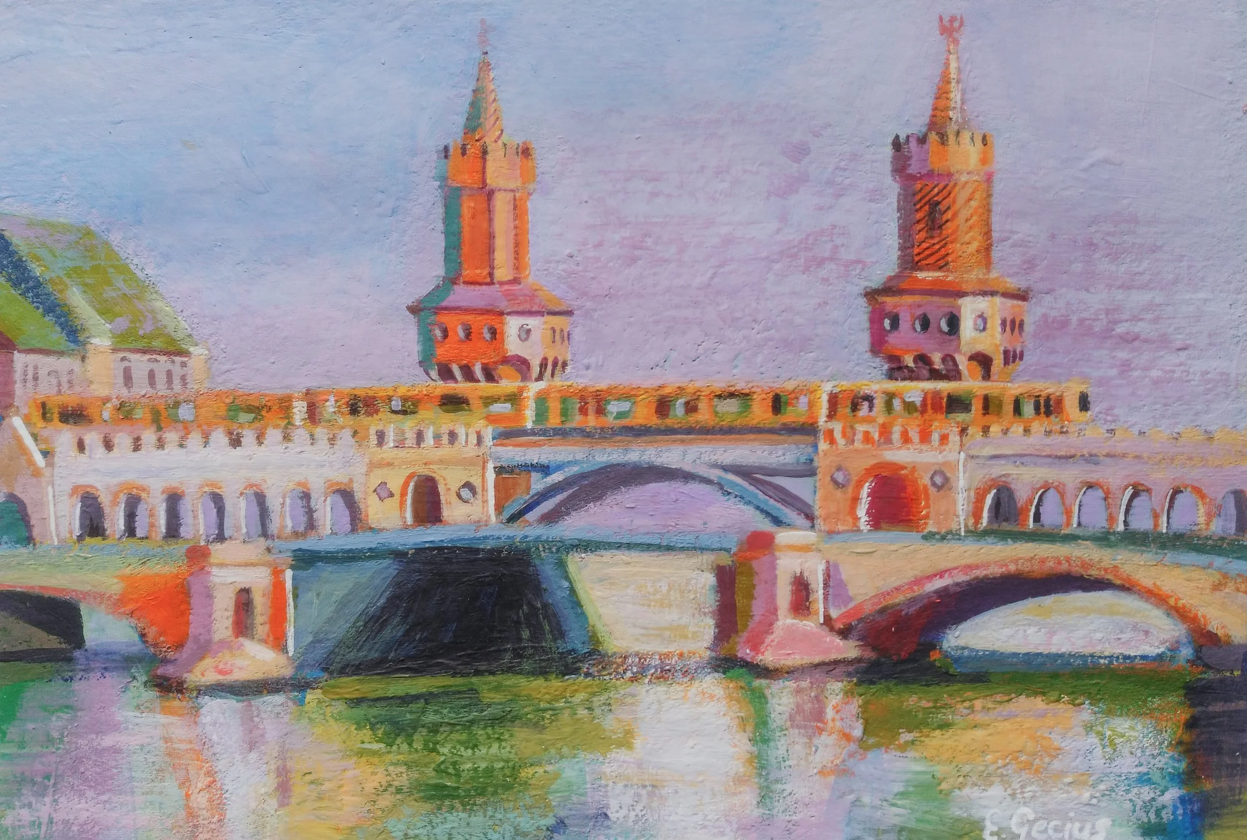 Malerei der Berliner Oberbaumbrücke über die Spree mit Wasserreflexionen im impressionistischen Stil.