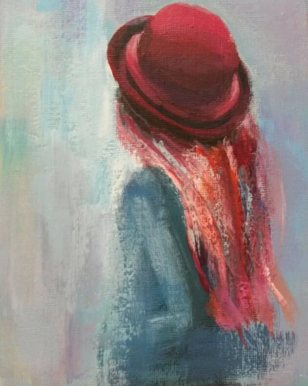 A painted portrait of a woman wearing a red hat with long red hair, viewed from behind.