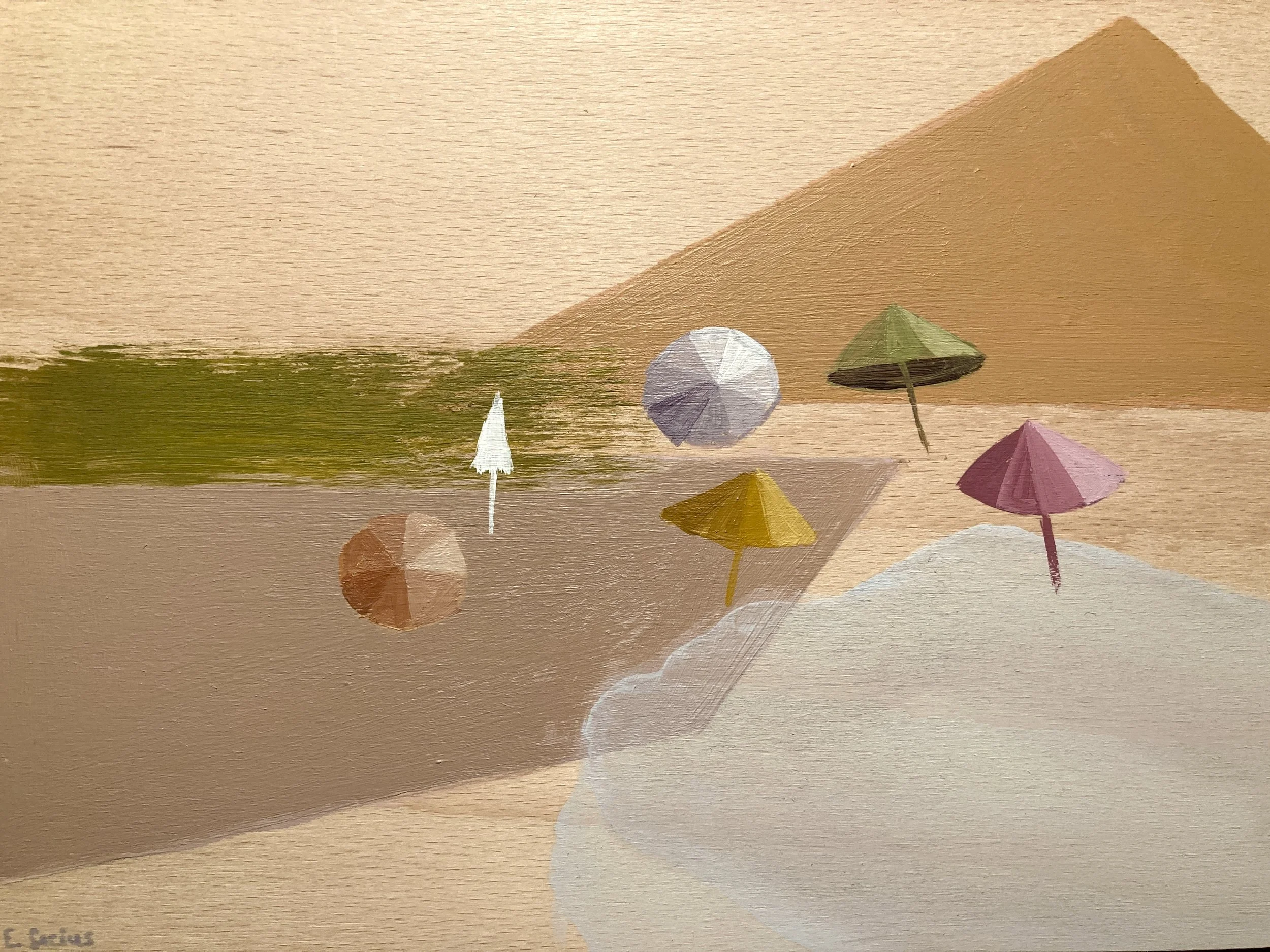Malerei von Wetter-Schirm-Illustrationen in Pastellfarben auf Sand- und Himmelshintergrund.