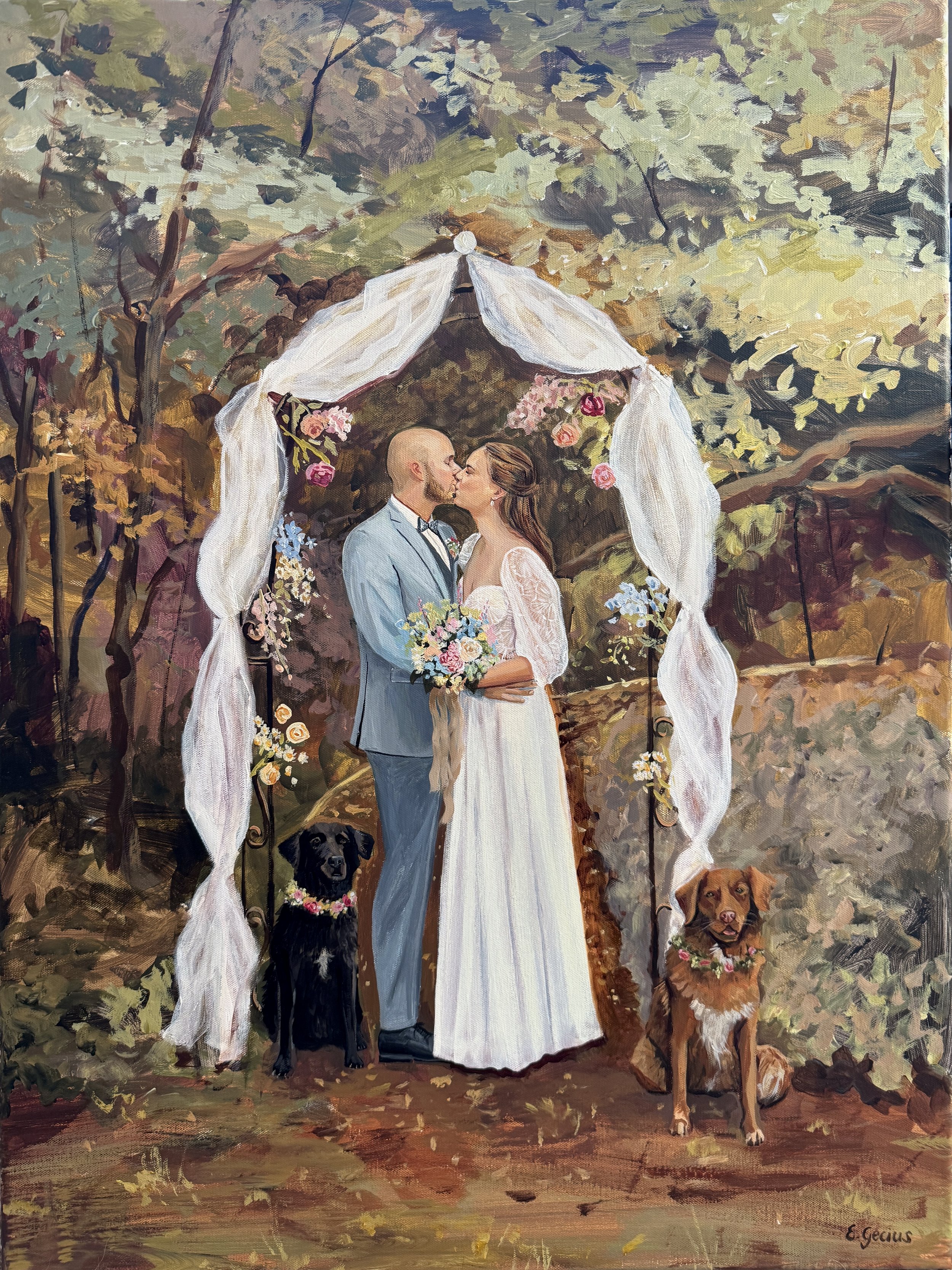 Ein Gemälde eines Brautpaares, das sich unter einem Blumenbogen in einem Wald umarmt, begleitet von zwei Hunden, im Sonnenlicht.