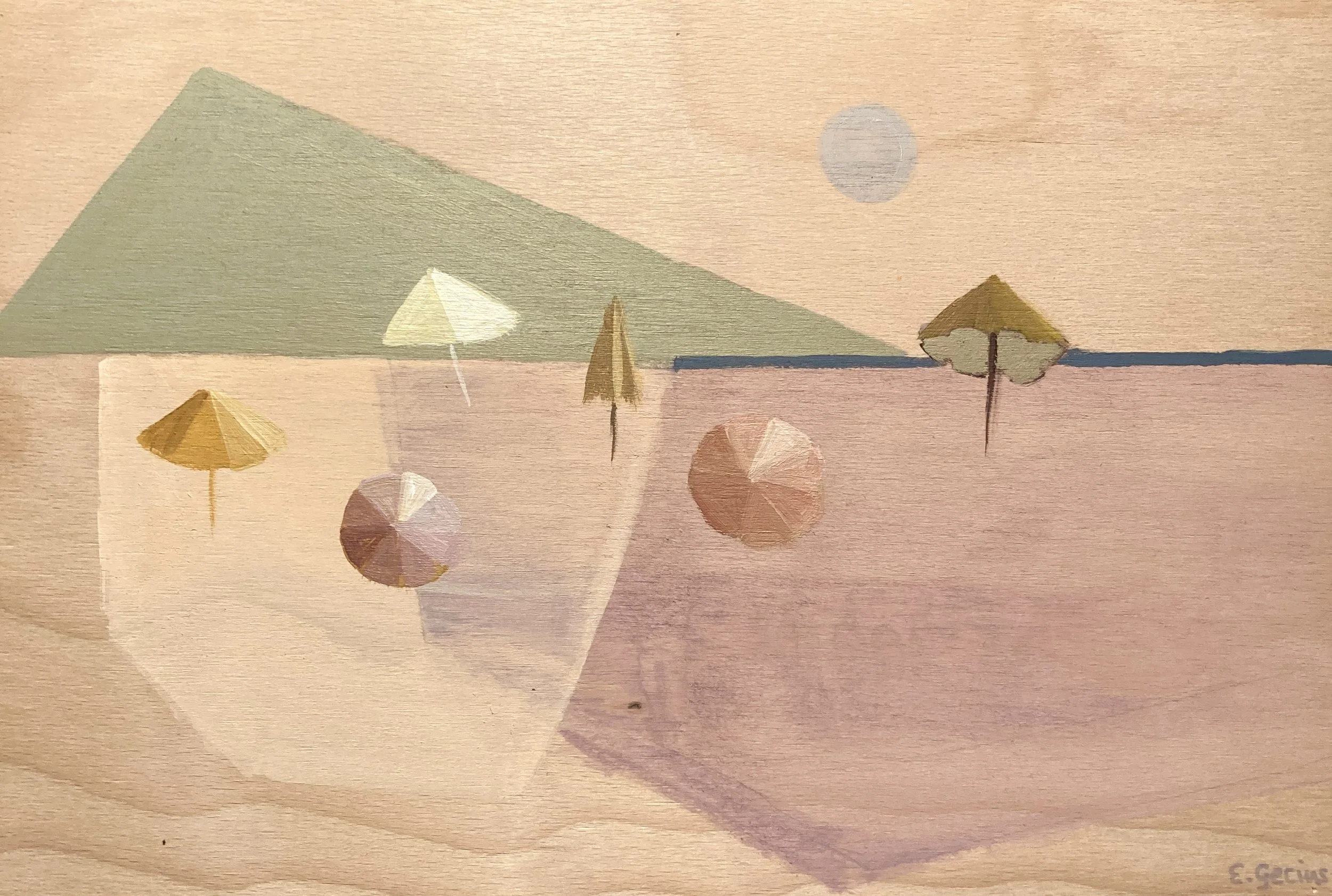 Abstrakte Darstellung eines Strandes mit Sonnenschirmen, einem Sonnenschirm im Wasser, einem Horizont und einem Mond im Himmel.