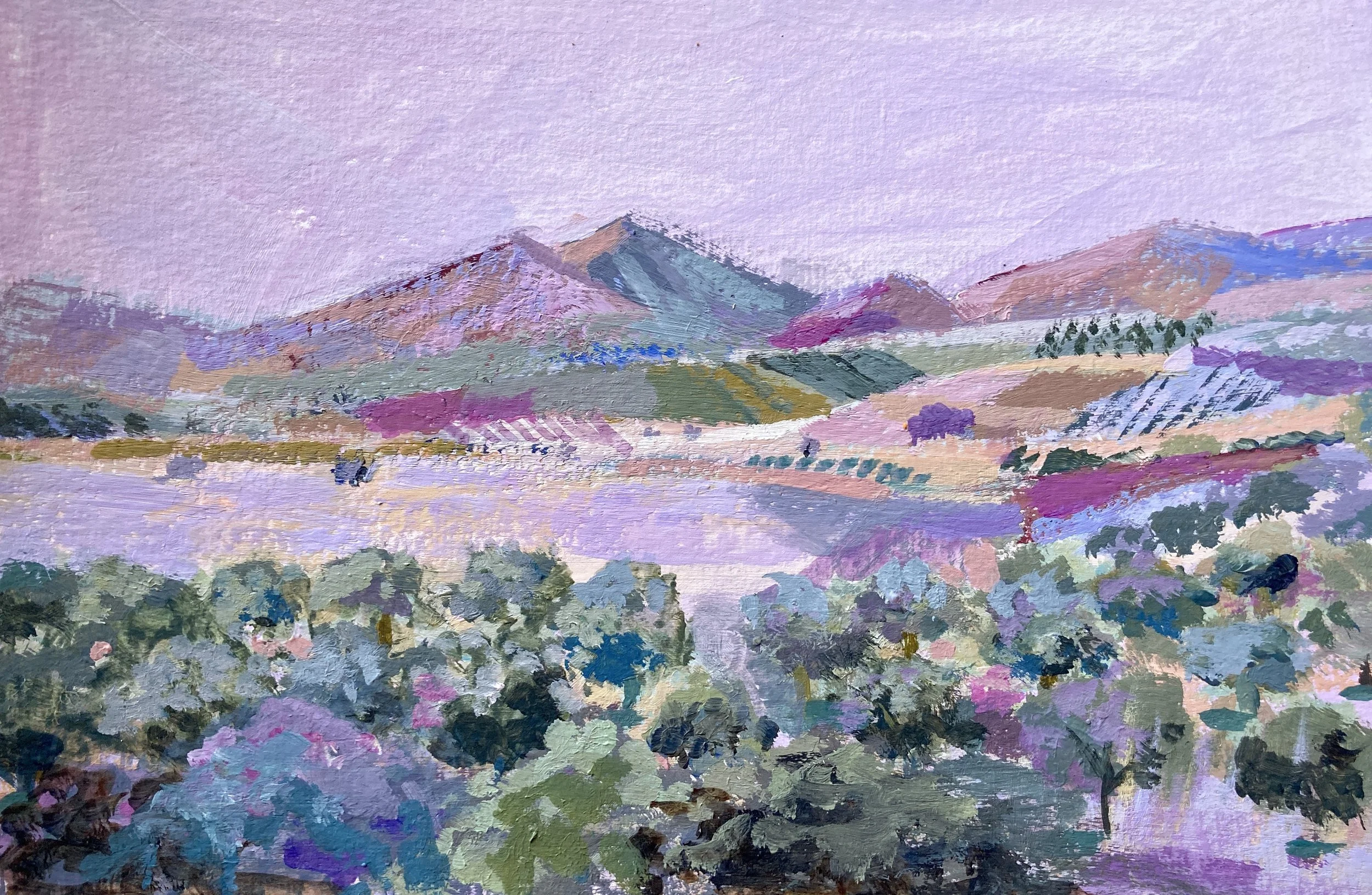 A impressionist-style landscape painting of a colorful mountain view with rolling hills, trees, and fields in various shades of purple, pink, green, and blue under a pastel sky.