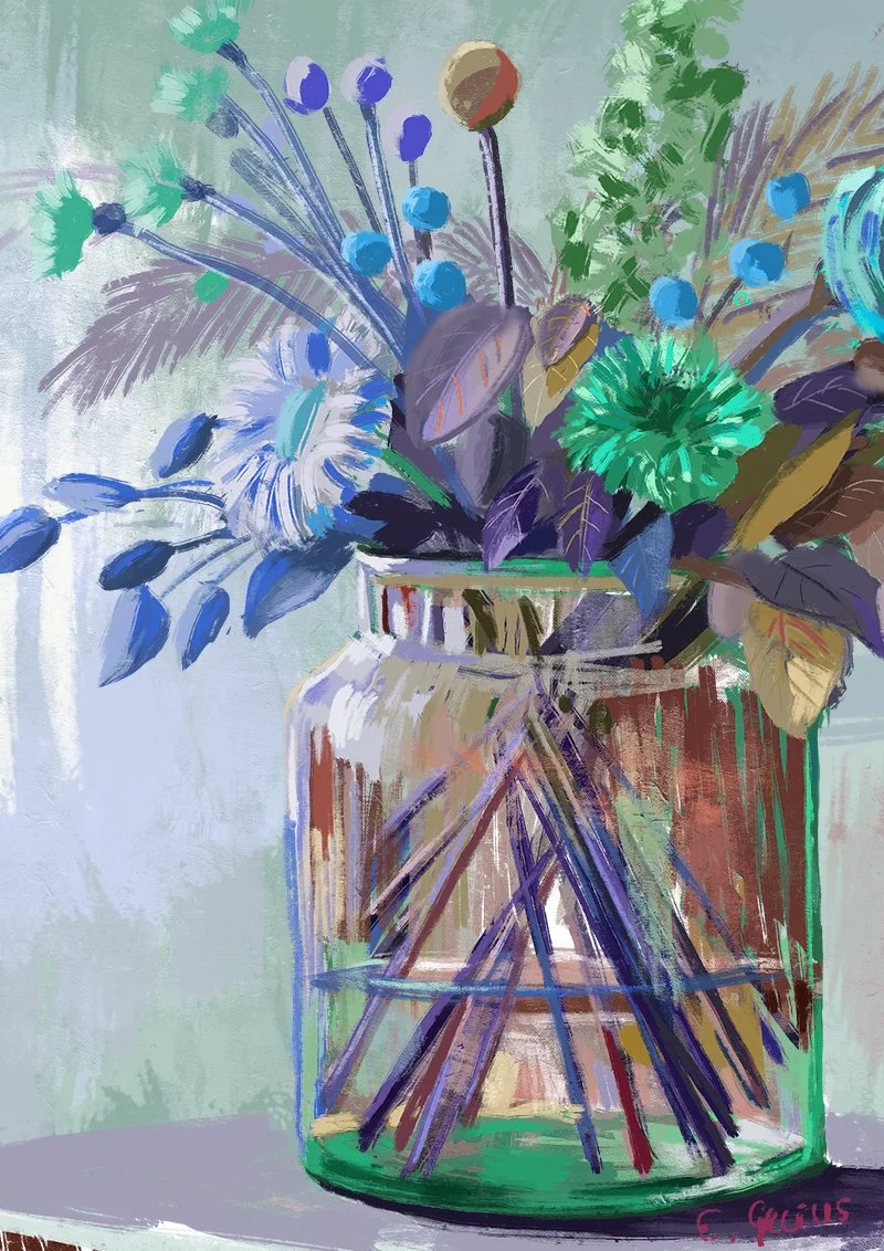 A colorful abstract painting of a vase with flowers and foliage on a table.