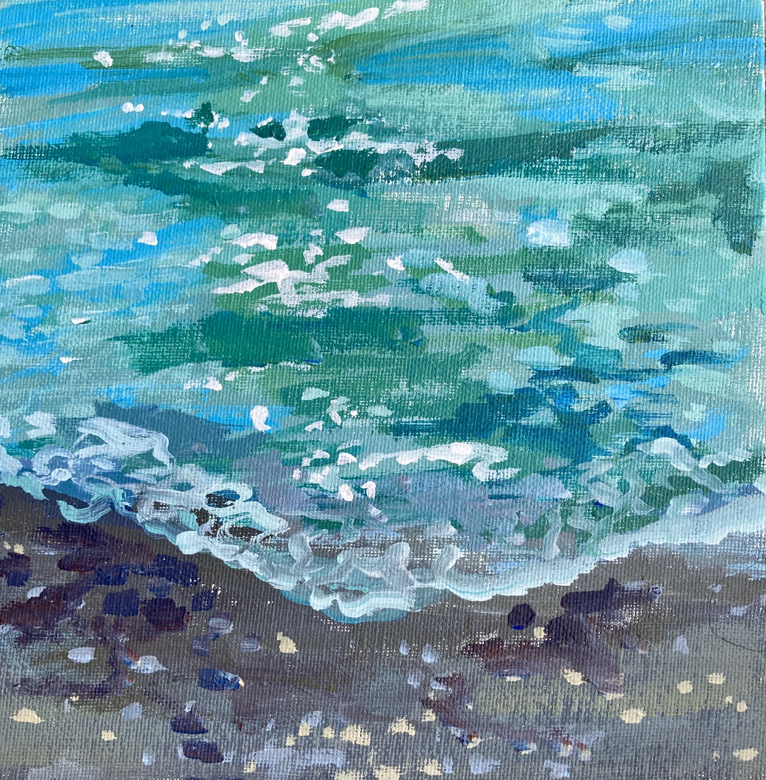 Gemälde des Meeres, das Wellen am Strand zeigt.