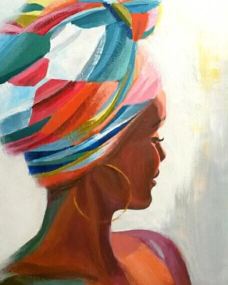 Kunstgemälde eines afrikanischen Frauenprofils mit buntem Turban