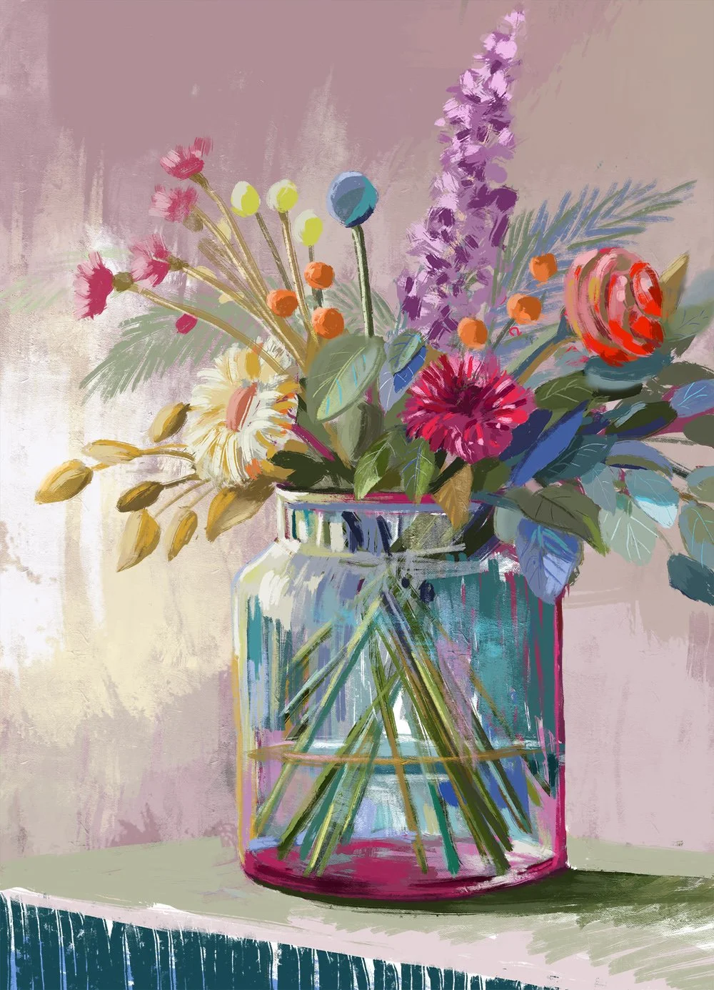 A colorful painting of a flower bouquet in a glass jar on a table.