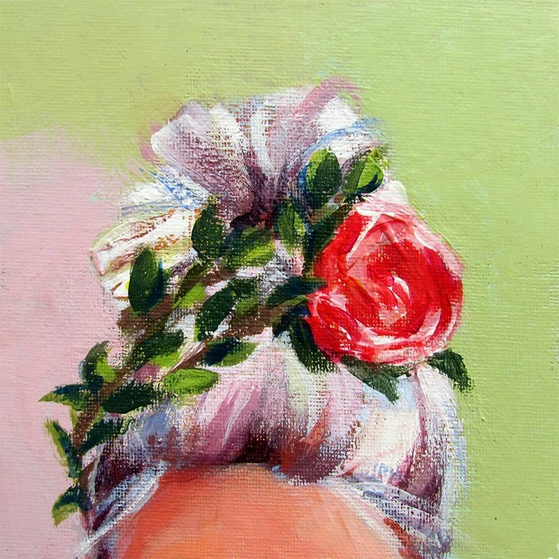 A close-up painting of a bouquet with pink and white flowers, green leaves, and a prominent pink rose, set against a light green background.