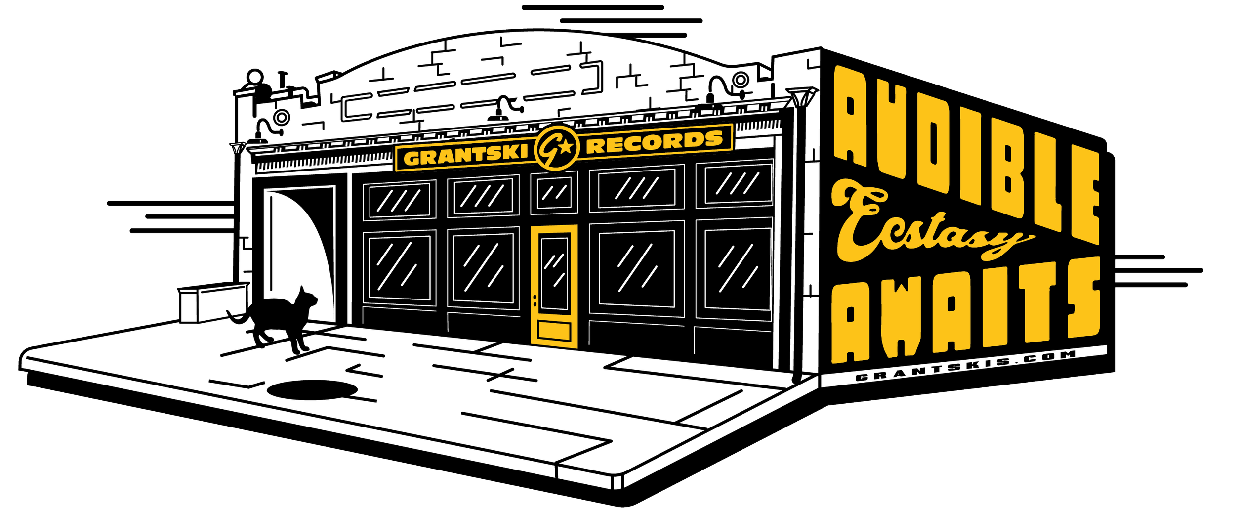 Black and white illustration of a record store building with yellow accents, featuring a sign that reads 'Grantski Records' and large text on the side that says 'Hobie Ecasty Awais'; a small mailbox and a black cat on the sidewalk front