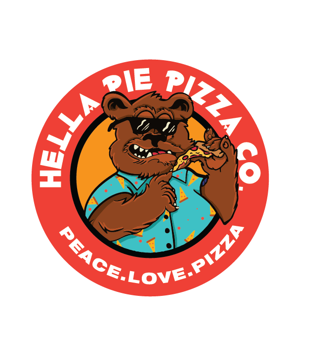 Logo featuring a bear wearing sunglasses and a blue Hawaiian shirt with pizza slice patterns, holding a pizza slice. The logo has a red circular border with white text reading 'HELLA PIE PIZZA CO.' at the top and 'PEACE.LOVE.PIZZA' at the bottom.