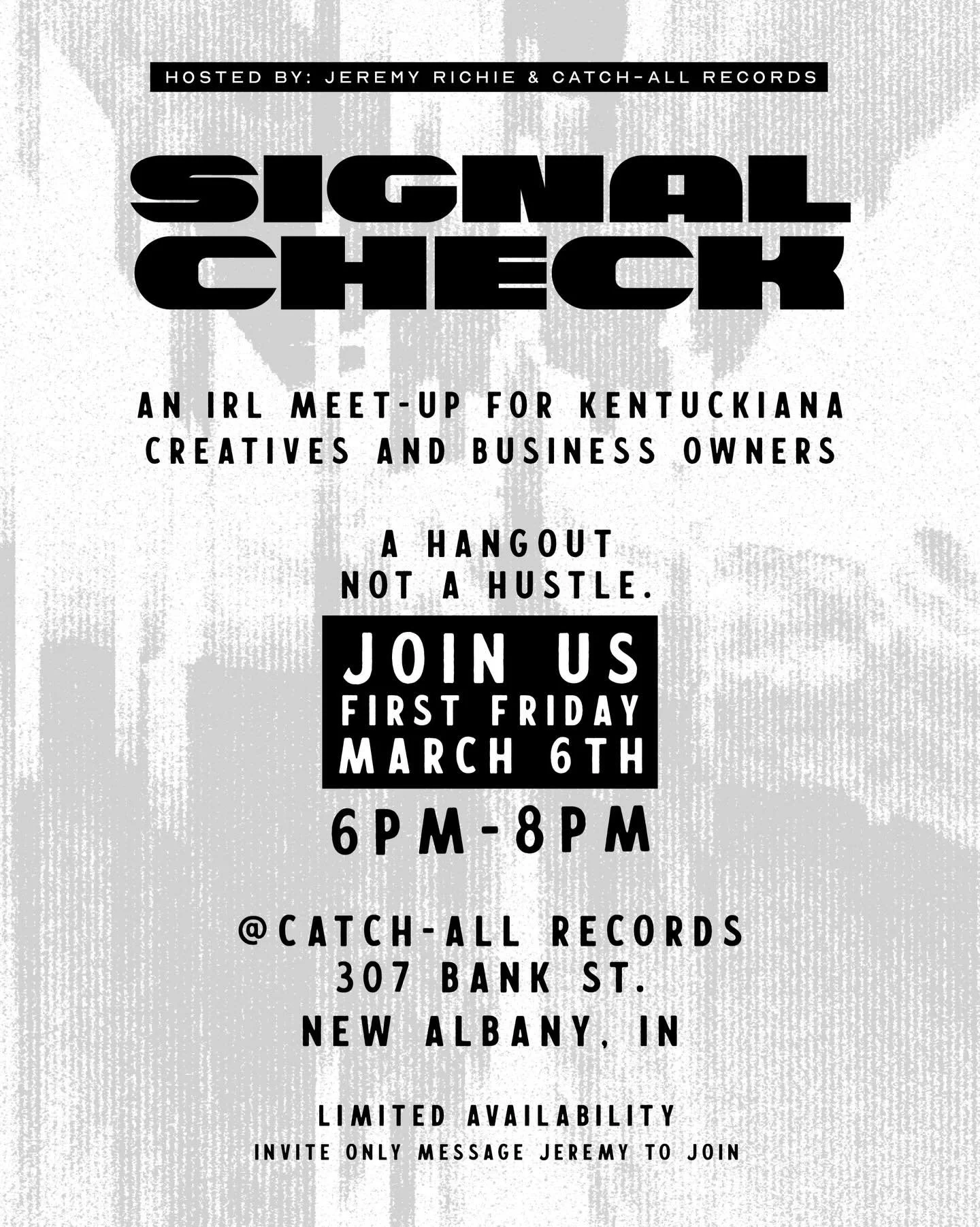 ⚠︎︎ This is a Signal Check&hellip;

A room full of Kentuckiana creatives, business owners, and builders. We&rsquo;re coming together to meet some new friends, see who&rsquo;s out there and what we might build together. Not a hustle just a hangout at 