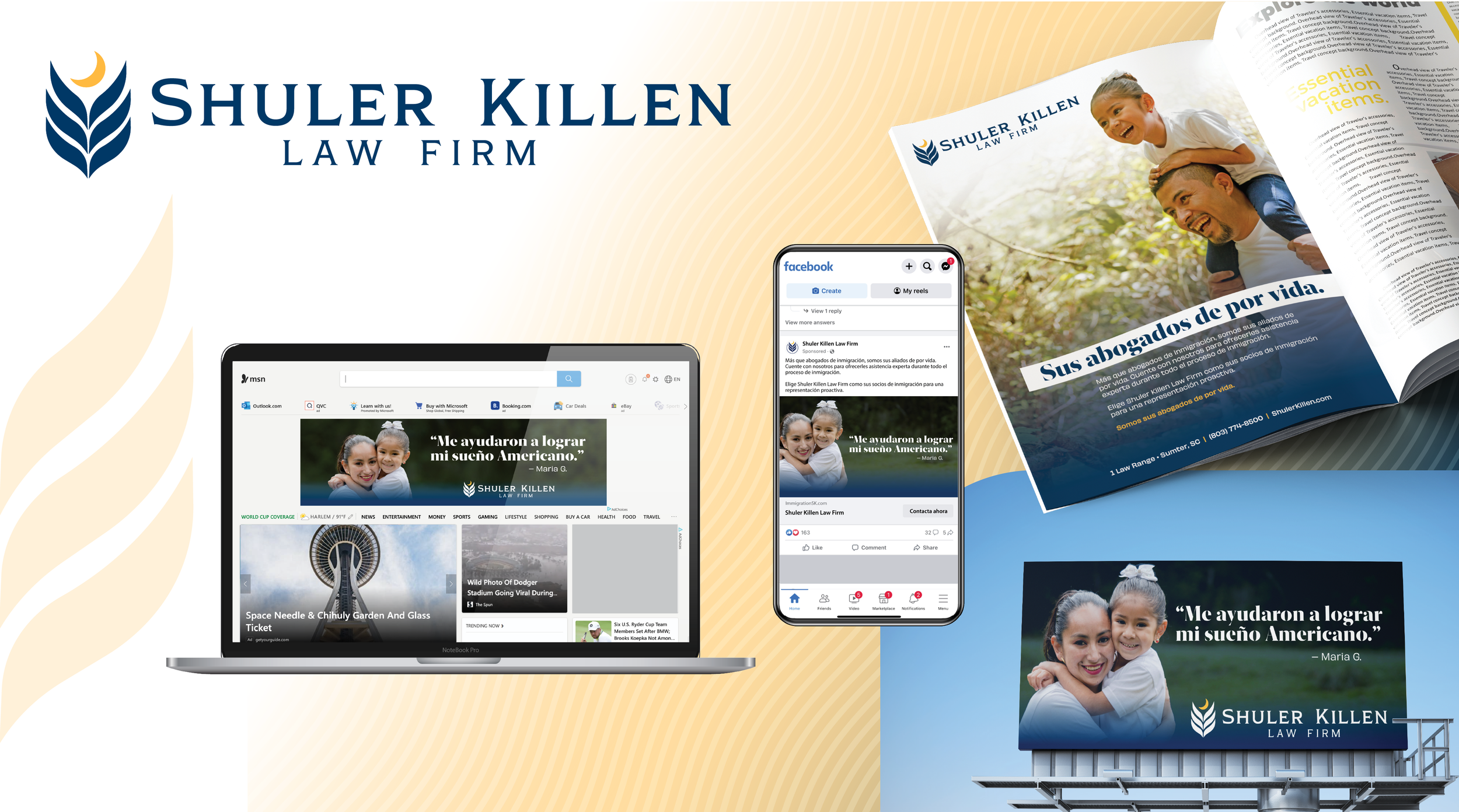 Various promotional materials for Shuler Killen Law Firm, including a digital screenshot of their Facebook page, a newspaper with the firm's logo and an image of a man and a child, a billboard with their logo and a quote, and a laptop displaying their website, all featuring their branding and slogan.