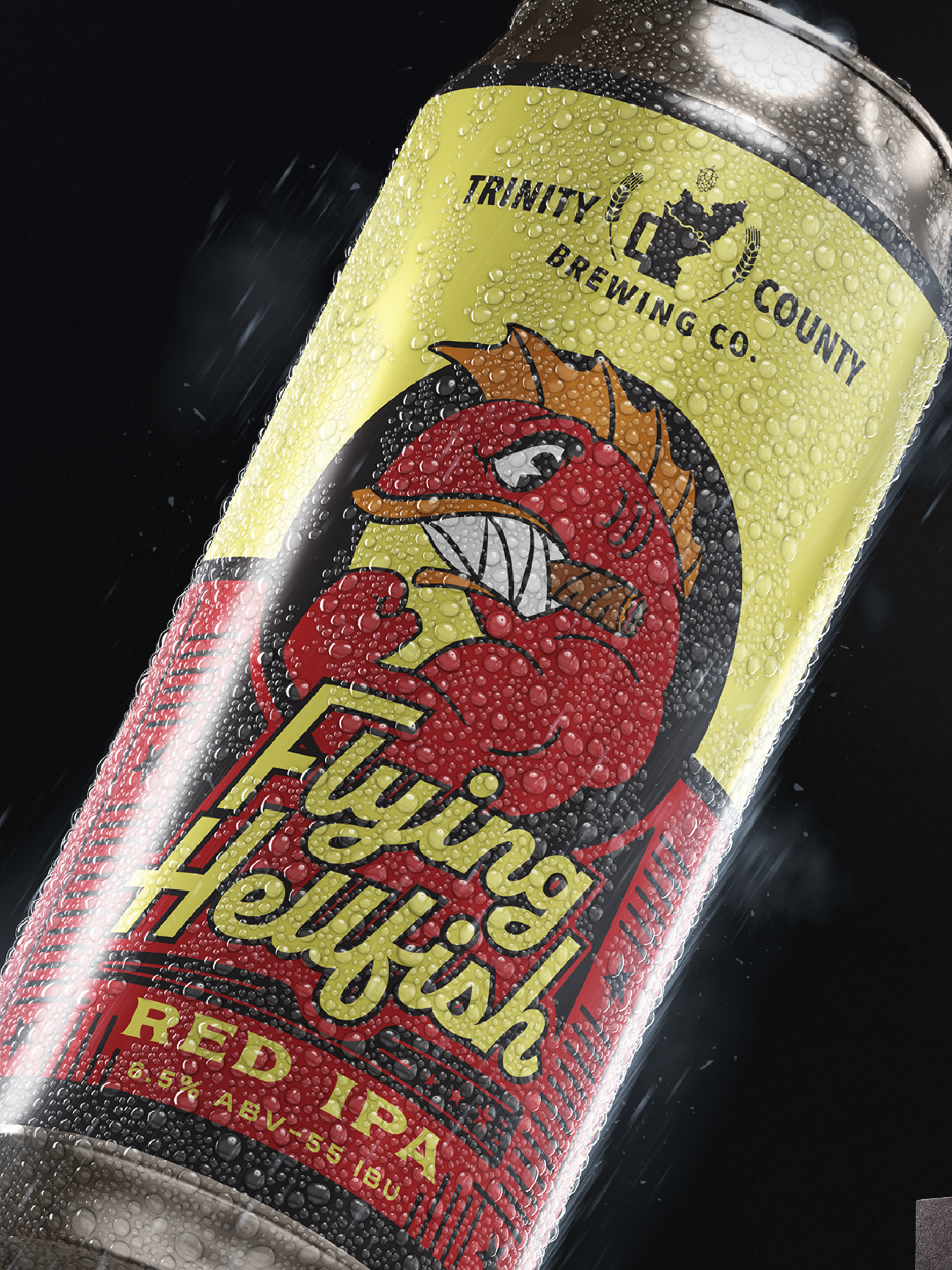 A close-up of a beer can with condensation, labeled 'Young Hakuch' with a cartoon red dragon holding a cigar, from Trinity County Brewing Co, featuring a yellow and red design and a 6.5% alcohol content.
