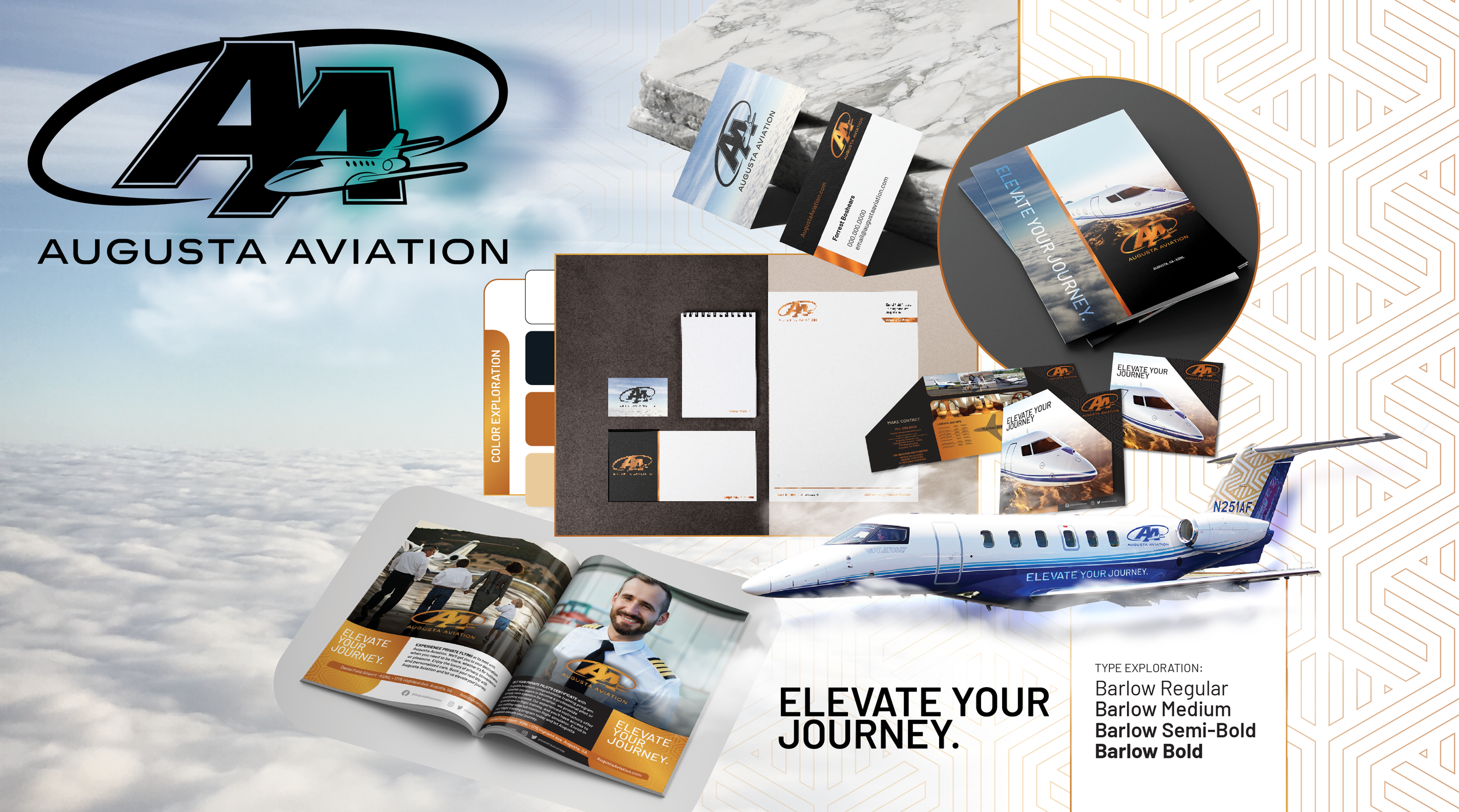 A promotional display for Augusta Aviation featuring branding materials, a model private jet, a brochure, business cards, and a magazine spread, all emphasizing the theme 'Elevate Your Journey'.