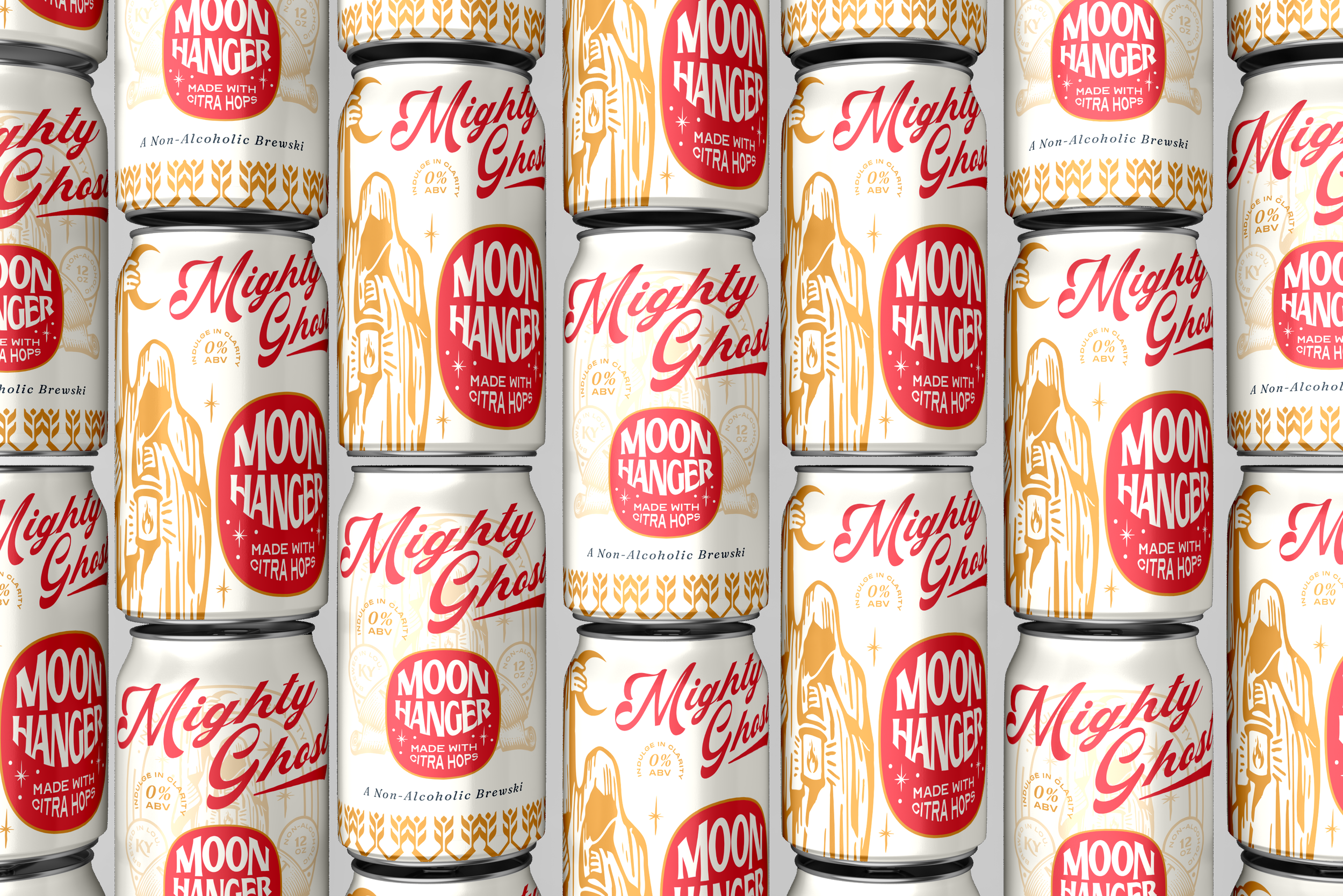 Close-up view of beverage cans with a white background, red circular logo that says "Moon Hanger" with a subtitle "Made with Citra Hops," and a stylized illustration of a hooded figure in gold.