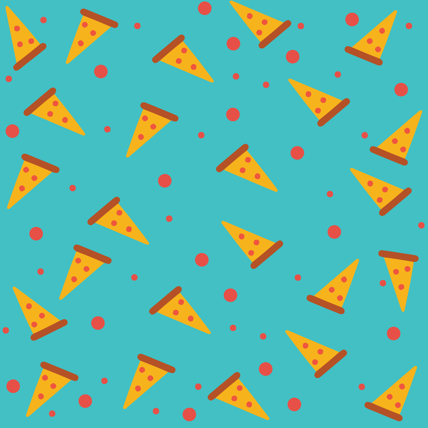 Pattern with scattered slices of pizza and red dots on a teal background.