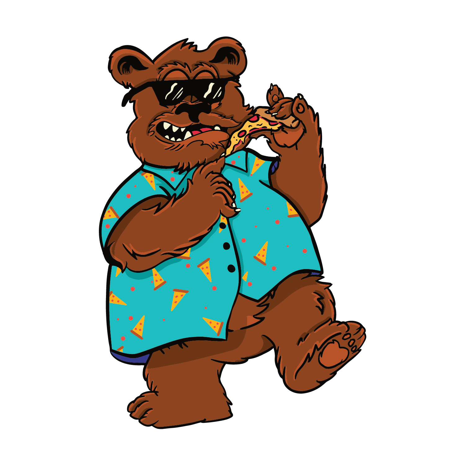 Cartoon bear wearing sunglasses and a blue Hawaiian shirt with pizza slice pattern, holding a slice of pizza, in a playful pose.