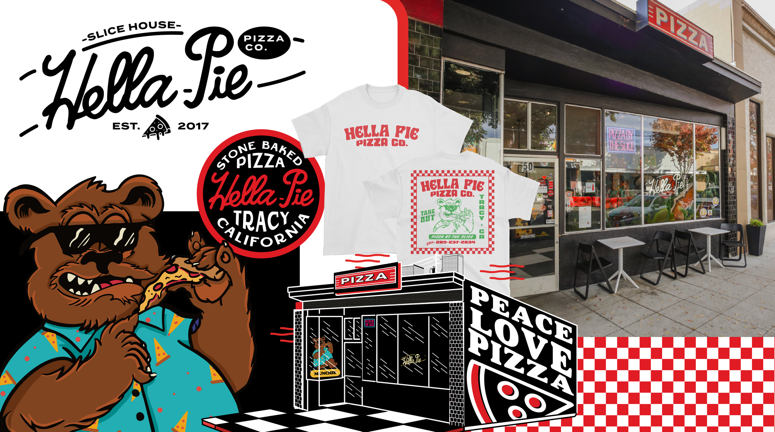 Colorful collage of a pizza restaurant with drawings of a bear eating pizza, storefront with sign, t-shirts, and pizza-themed graphics.