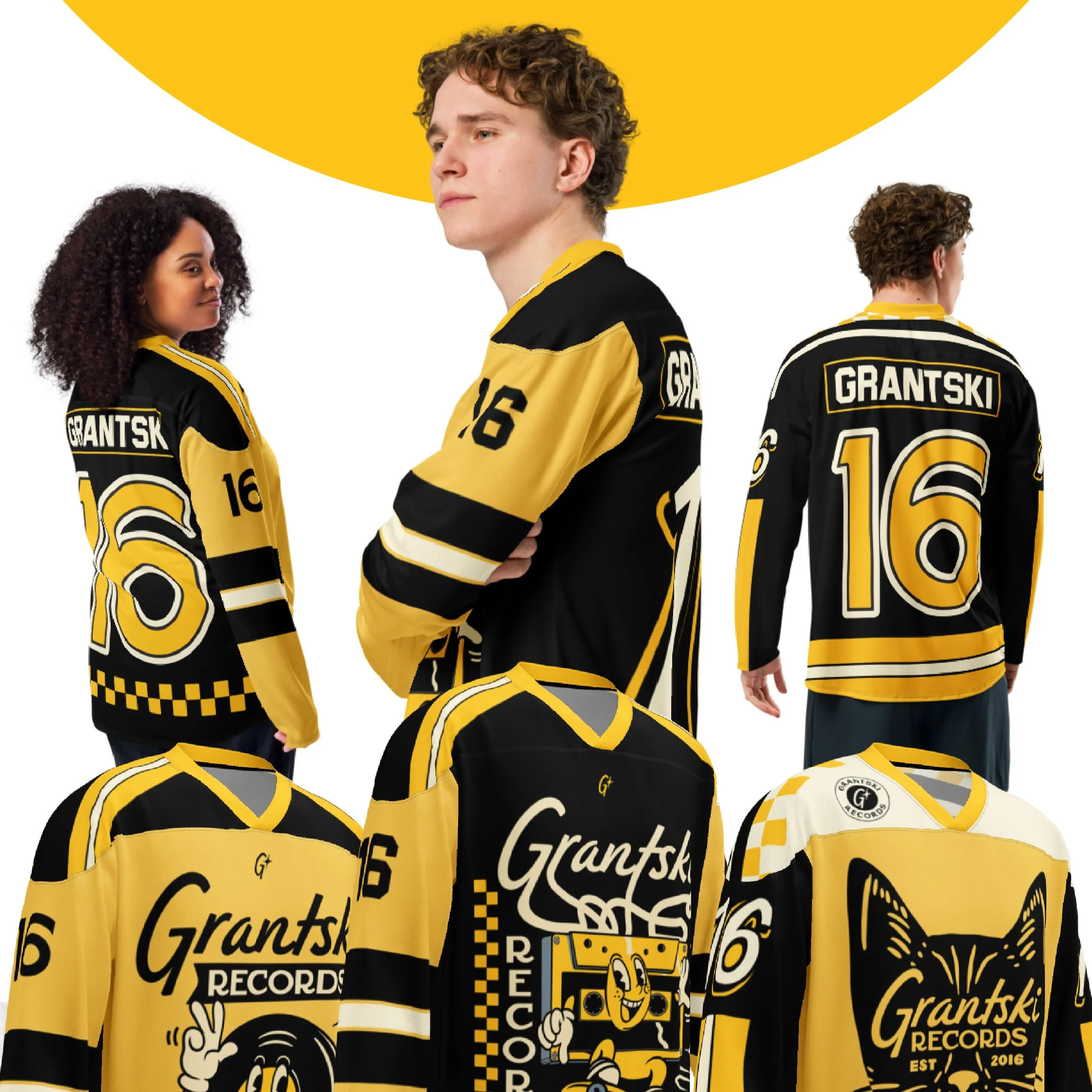 Three models wearing black and yellow hockey jerseys with the name 'Grantski' and the number 16, shown from different angles, along with multiple black and yellow backpacks and jackets featuring 'Grantski Records' branding and graphics, set against a white background with a yellow semi-circle at the top.