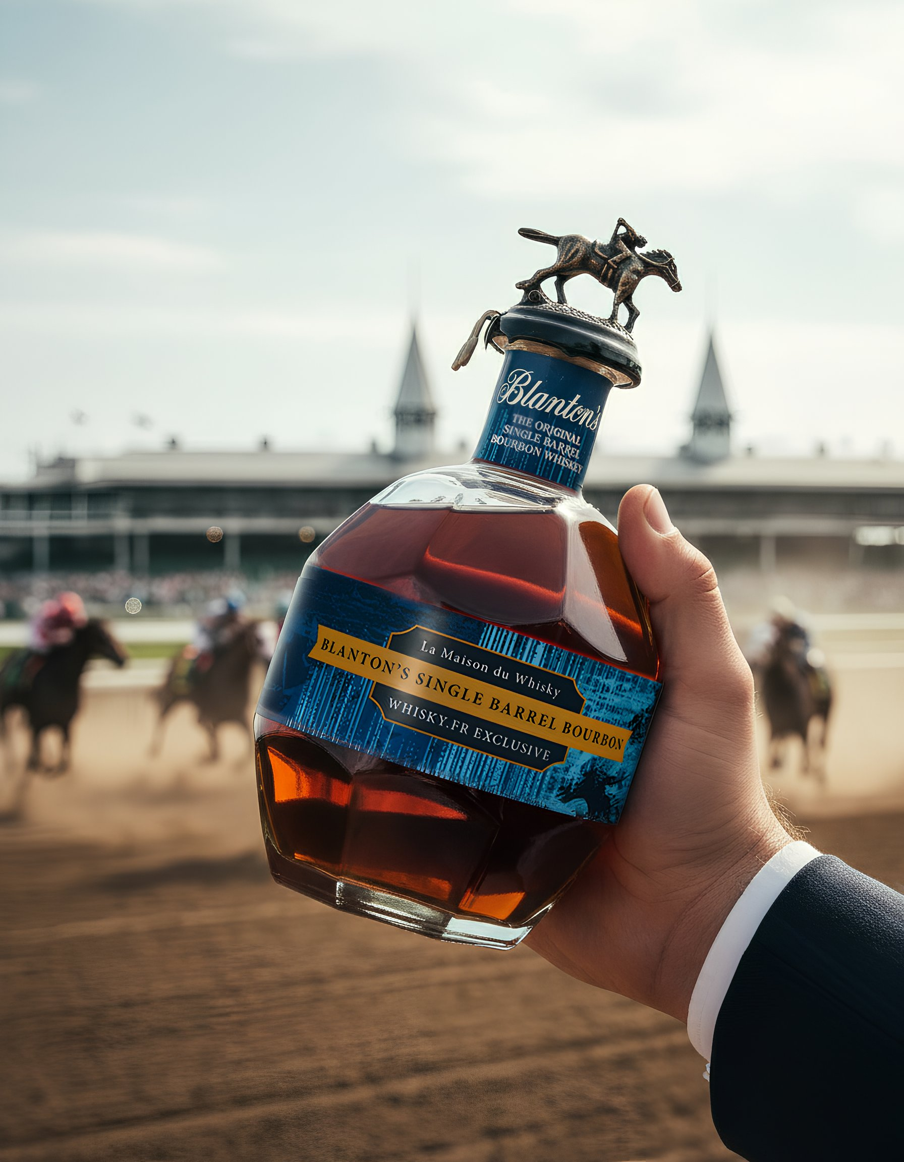 A hand holding a bottle of Blanton's bourbon whiskey with a horse and jockey stopper, at a horse racing track with racehorses in the background.