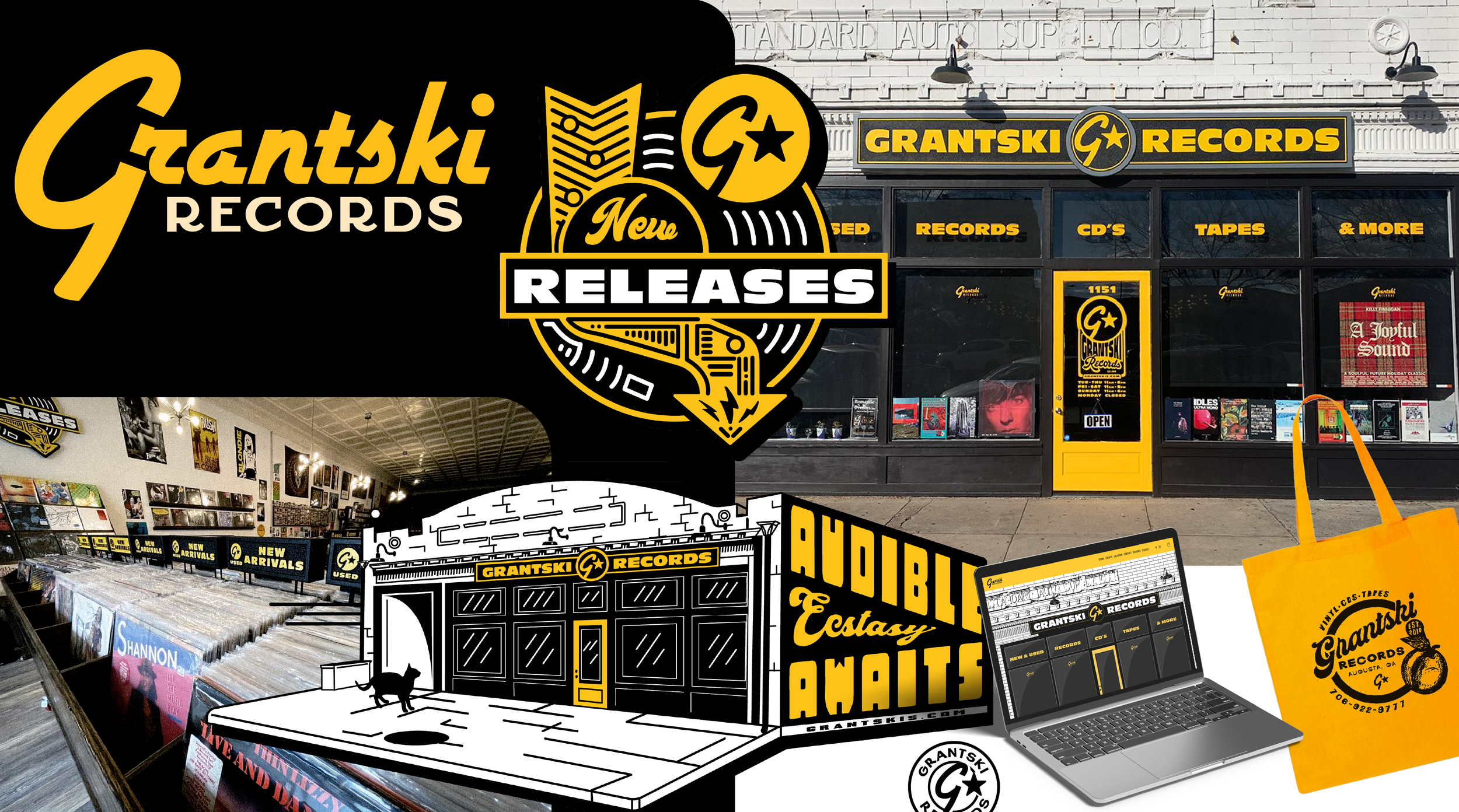 Collage of Grantksi Records store, featuring the storefront, interior with records, logo, tote bag, and website screenshot.