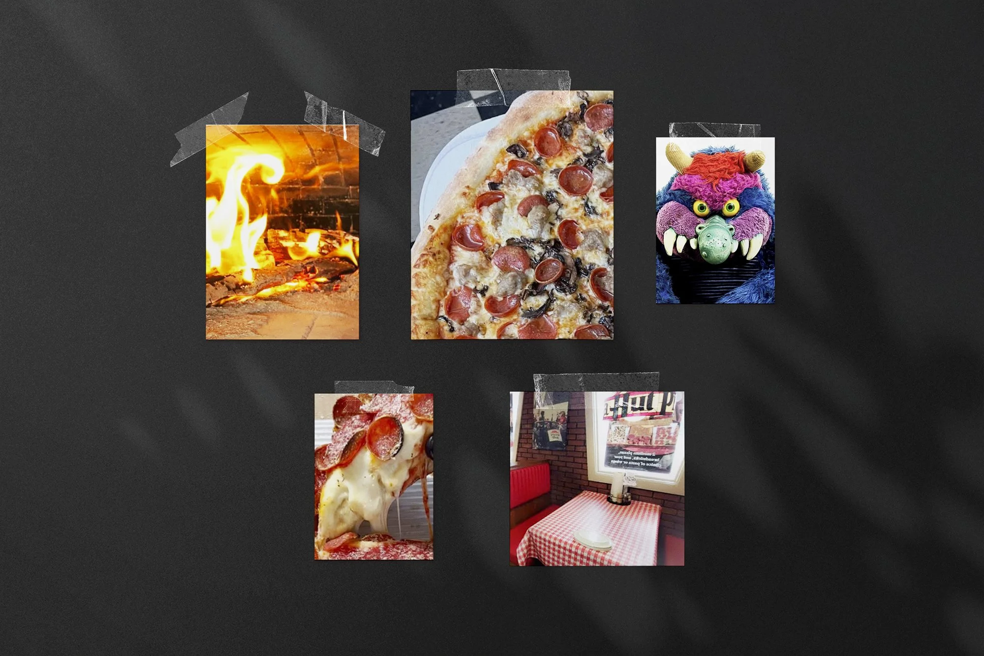 Photos of a fireplace, pizza with pepperoni and mushrooms, an Asian puppet with horns, a close-up of pepperoni pizza slice, and a restaurant table with red and white checkered tablecloth.
