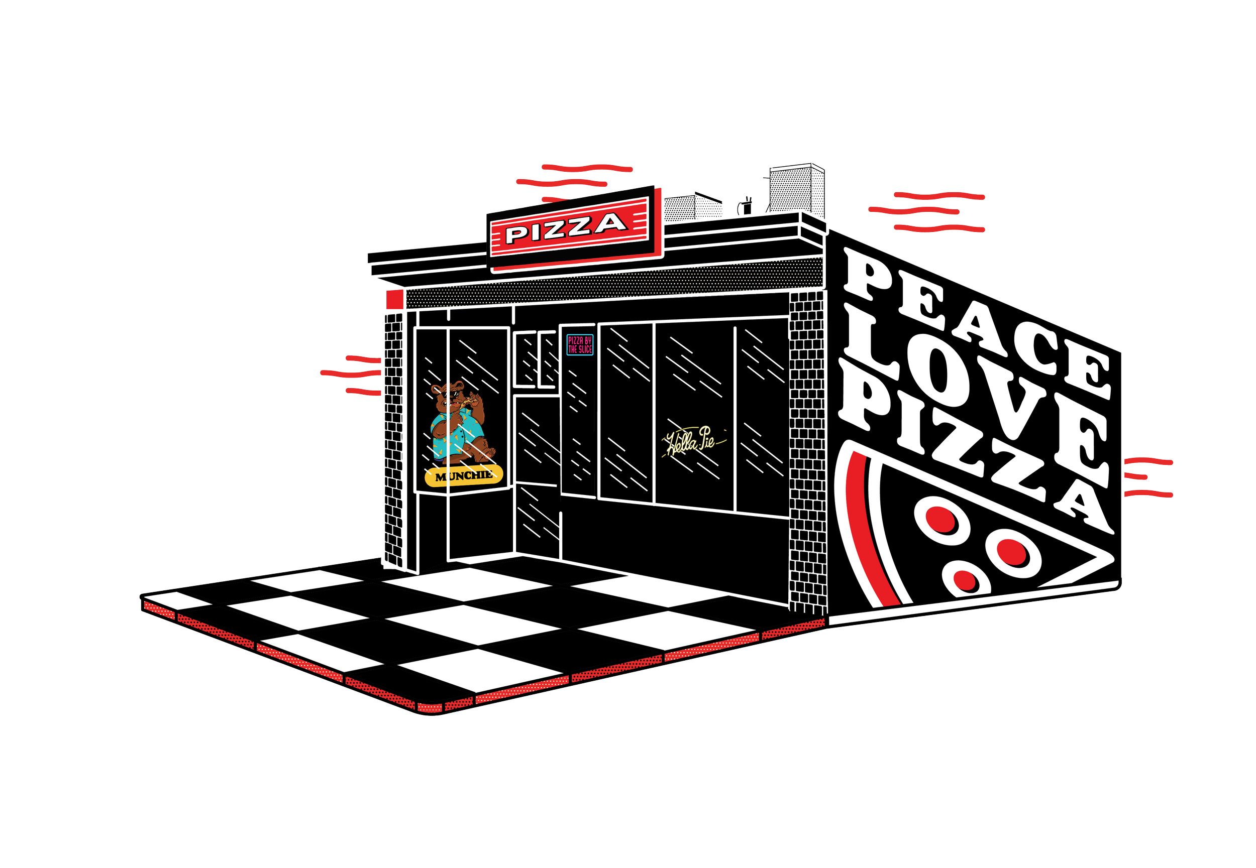 Illustration of a pizza restaurant with a large pizza slice logo, signs reading 'PEACE, LOVE, PIZZA,' a window with animal mascot, and checkered flooring.