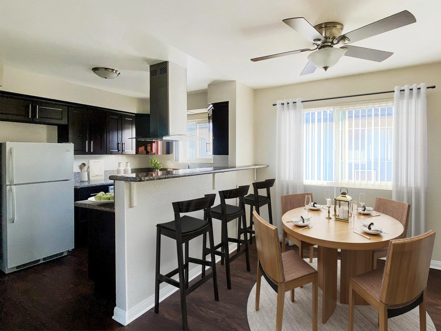 A interior photo of the kitchen/dining room. 
