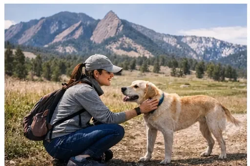Professional Pet Sitter Giving a Dog Walk in Boulder, Colorado