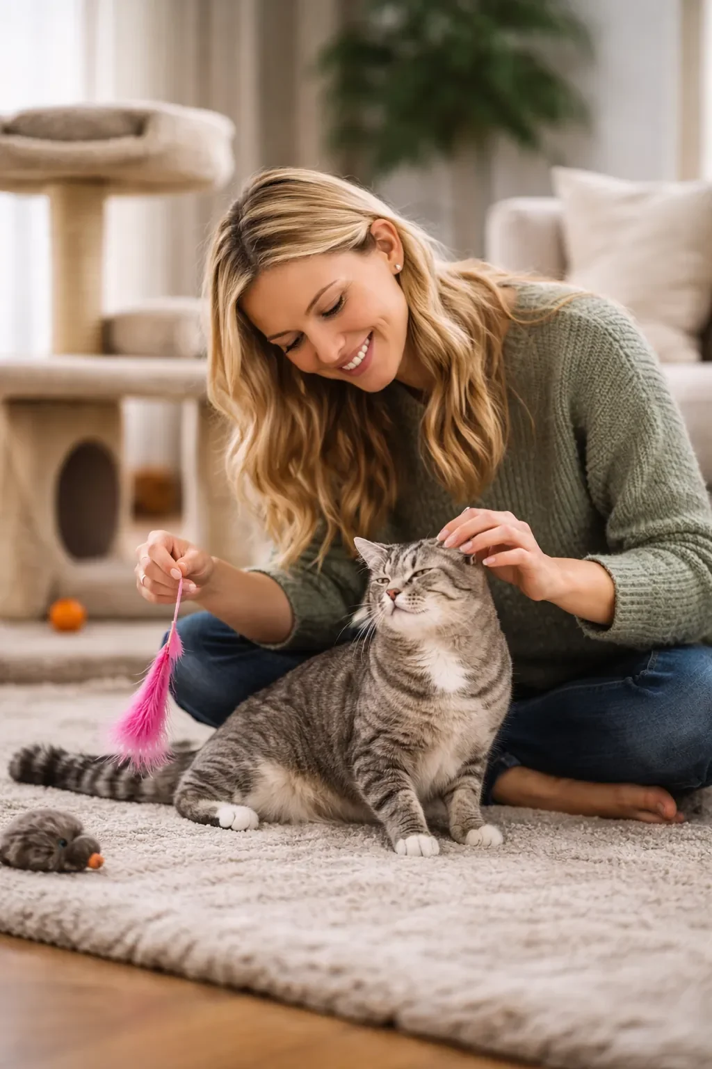 Professional cat sitter providing in-home care and playtime for a cat in a comfortable Denver Colorado home