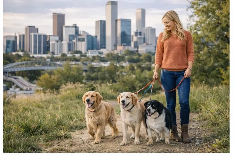 Daily dog walking services in Denver Colorado with mountain and city views