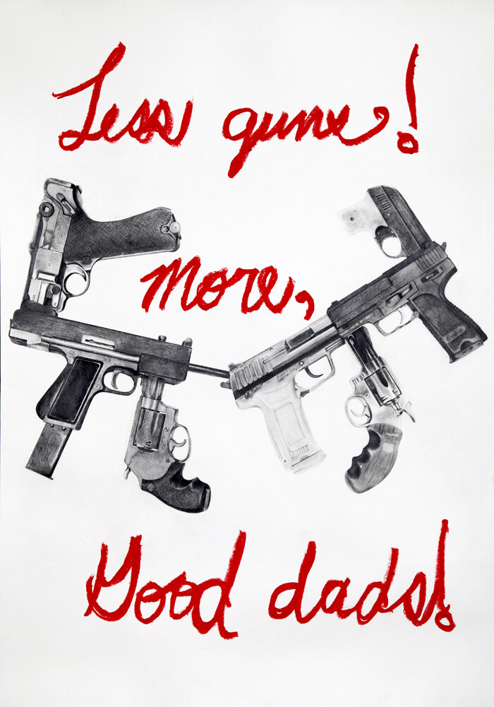  Less Guns! More, Good Dads!, Graphite and Oil, Pastel on paper, 52 x 36 inches, 2013, Framed 