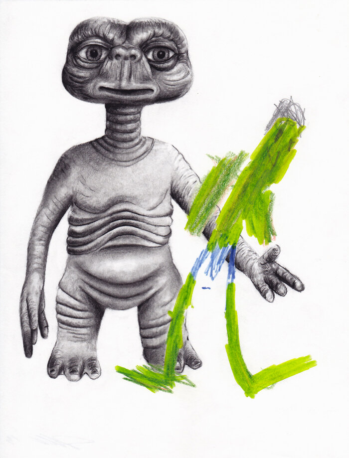  in collaboration with Gael F Lemus, E.T. Love (Things I Learned from my Dad and TV), 2013, Mixed media, 8 x 10.5 inches 