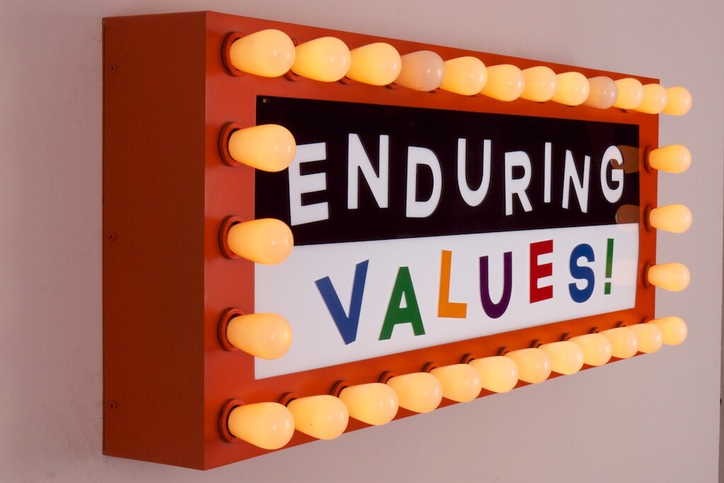  Enduring Values, Aluminum, acrylic, vinyl, electronics, software, 17 x 42 x 7.25 inches, Edition of 3, 2012 