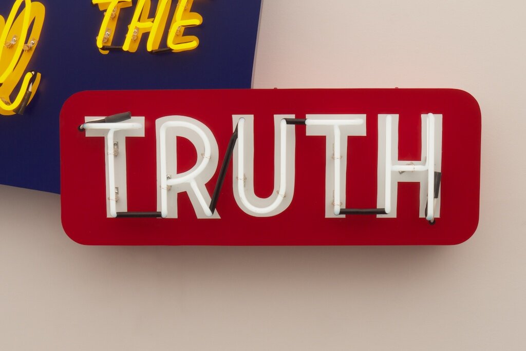  Tell The Truth (detail), Aluminum, neon, enamel, electronics, software, 30 x 59 x 7.25, inches, Edition of 3, 2012 