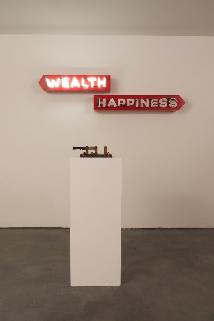  Wealth or Happiness Aluminum, neon, enamel, electronics, vintage knife switch, 14 x 54 x 7.25, inches, 2012 