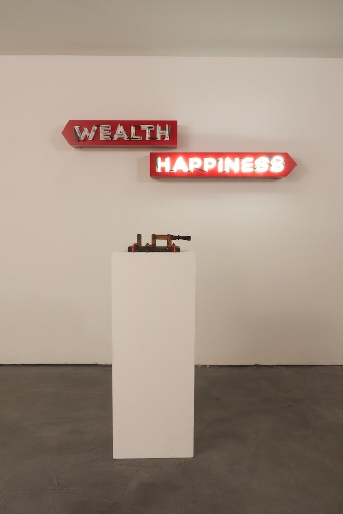 Wealth or Happiness Aluminum, neon, enamel, electronics, vintage knife switch, 14 x 54 x 7.25, inches, 2012 