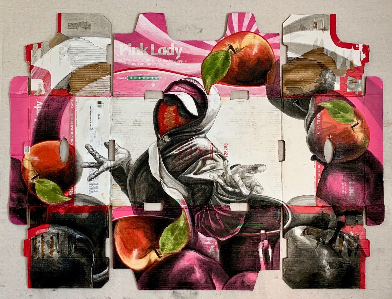  Narsiso Martinez, Extra Fancy, Ink, Charcoal, Gouache, and Collage on Produce Box, 38 x 51 Inches, 2019 