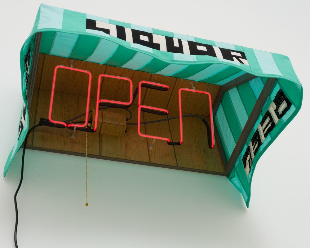   Jeffrey Sincich    Open   Cotton, neon glass and transformer (neon fabricated by Rebel Neon), faux wood paneling, plywood  20.5 x 30 x 30 inches  2023  