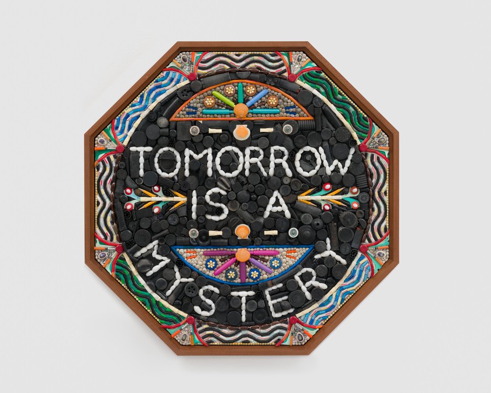   Tomorrow is a Mystery   Found plastic trash, shells mahogany frame 32.125 x 32.125 x 2.5 inches 2021  